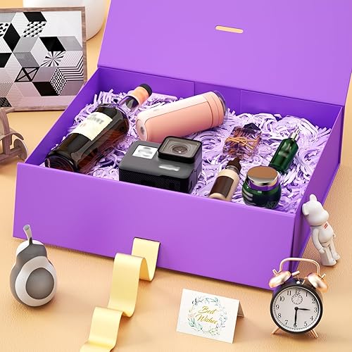 Miniatura 5 de Caja de regalo morada con cinta, cajas de regalo de 13 x 9 x 4 pulgadas para regalos con tapas y lazo cierre magnético plegable para caja de