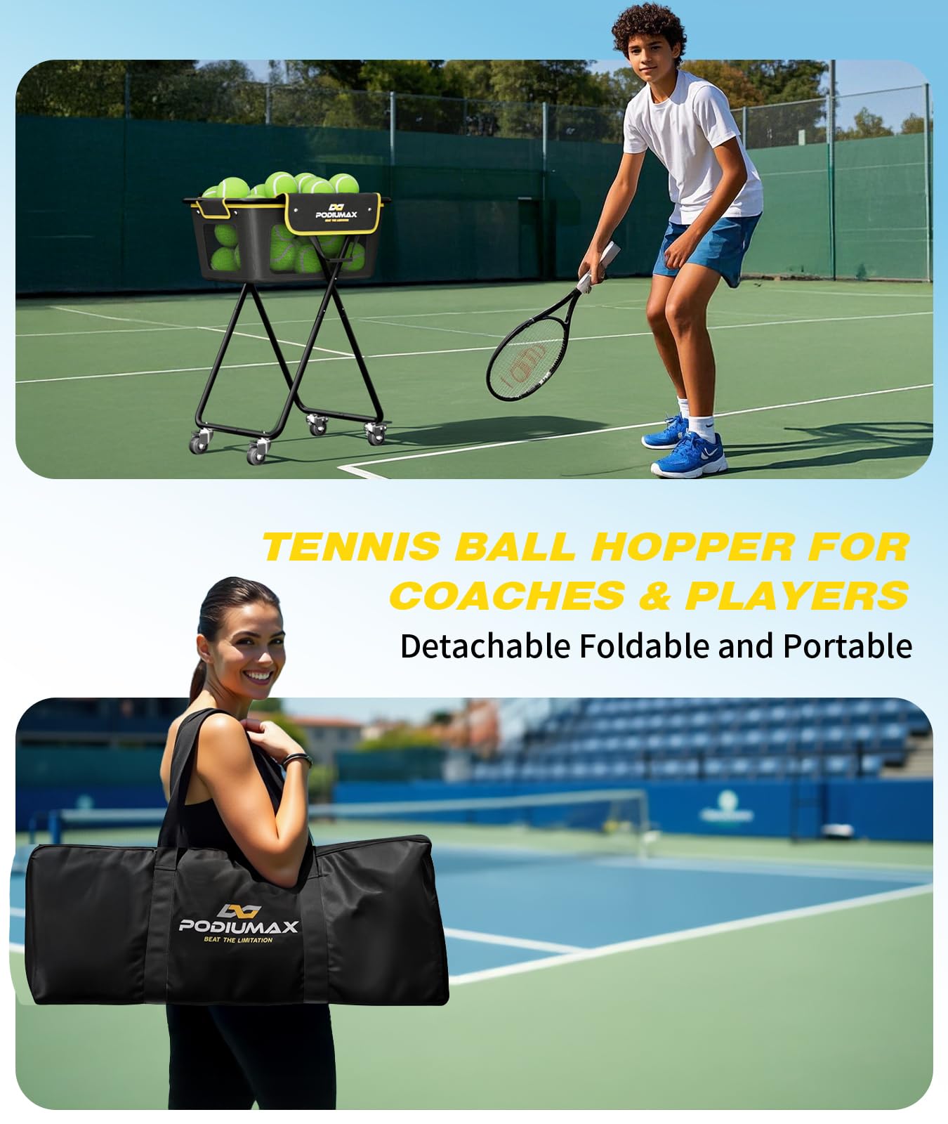 PodiuMax Pickleball - Tramoggia per palline da tennis, contiene 180 palline da tennis o 150 sottaceti, pieghevole, per uomini, donne, adolescenti, impermeabile, per studenti e allenatori