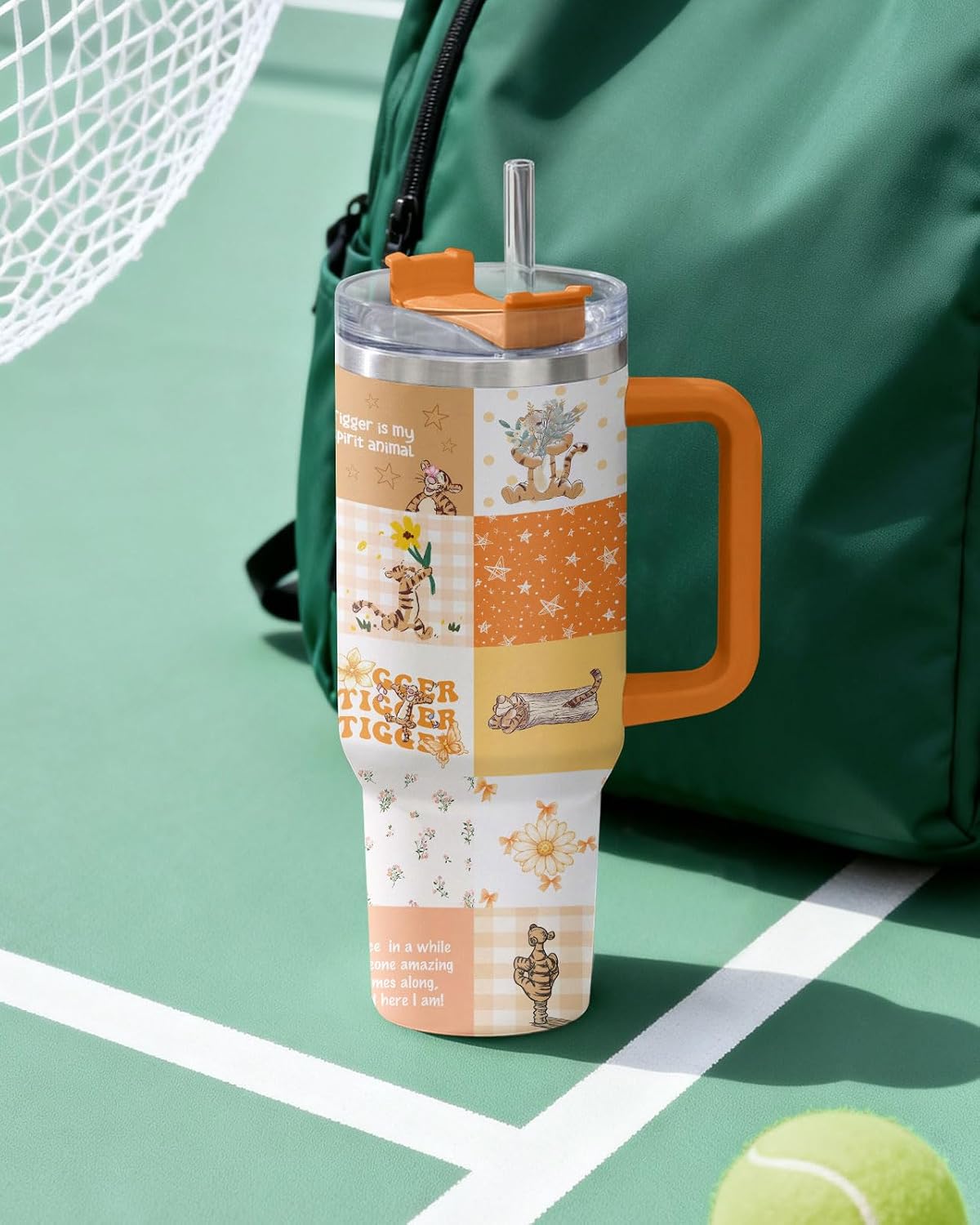 Tiger 40oz Tumbler with Handle Straw Lid Insulated Stainless Steel Travel Coffee Mug Cup Gifts for Women Men Mom Cute Patchwork Bow Floral Coquette Quote Cartoon Animal