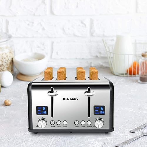 Miniatura 8 de Tostadora de 4 rebanadas, tostadora de acero inoxidable con temporizador LCD, ranuras extra anchas, pantalla doble, bandeja de extracción de migas