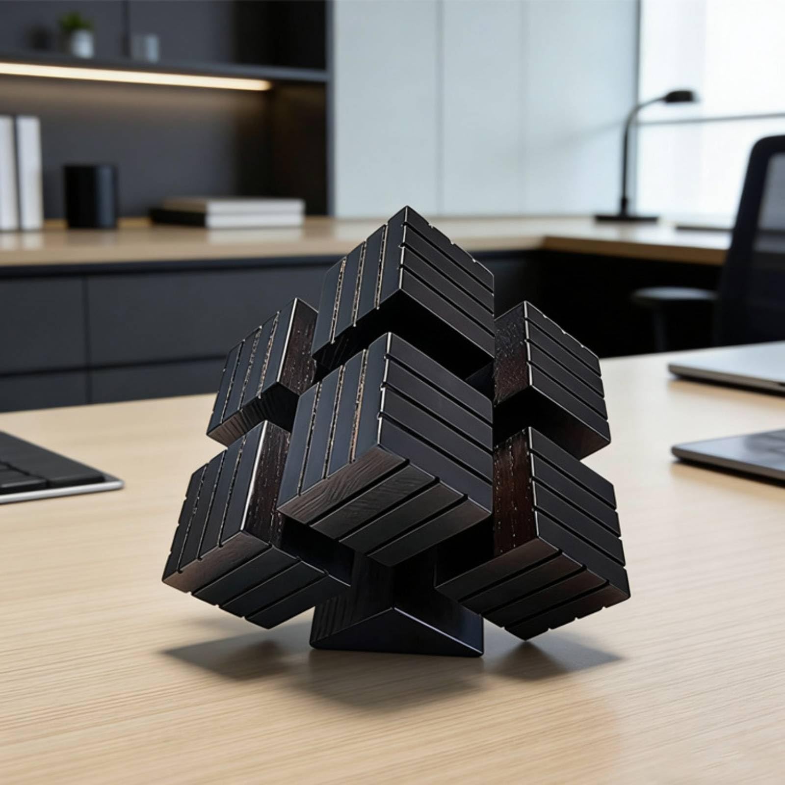 Escultura Geométrica Cubo Geométrico Escultura Geométrica Mesa Moderno Figura Cúbica para Estantería, Oficina, Recibidor, Negro