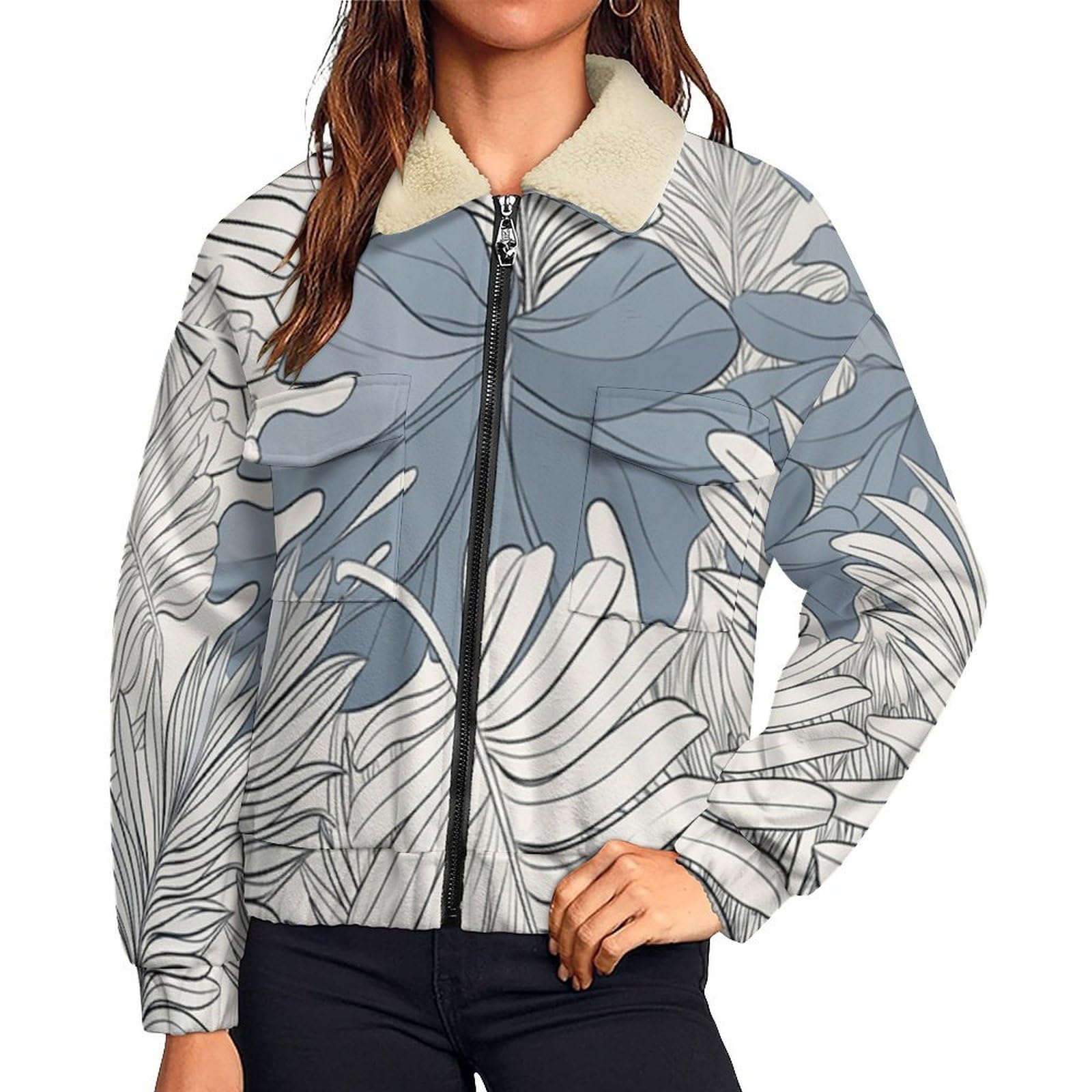 Chaqueta de forro polar cálida para mujer con diseño de arte lineal de hojas 8