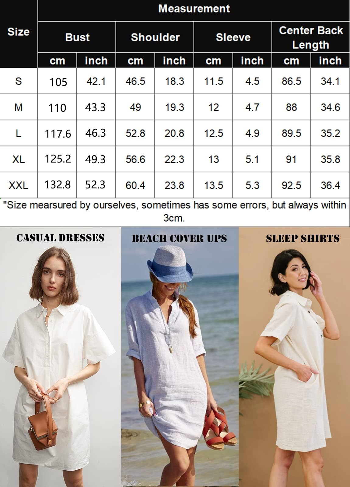 Zeagoo Robe d'été Femme en Lin Robe Mi-Longue Longueur Genou Décontractée Robe de Plage à Manches Courtes Robe Chemise avec Poches S-XXL