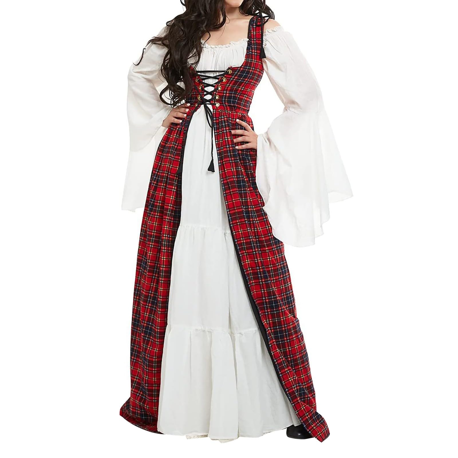 HOOUDO Female Halloween Costumes Women's Medieval Maxi Dress Off Shoulder Bell Long Sleeve Irish Renaissance Dresses Elastic Waist Traditional Halloween Costumes Gothic Clothes Red