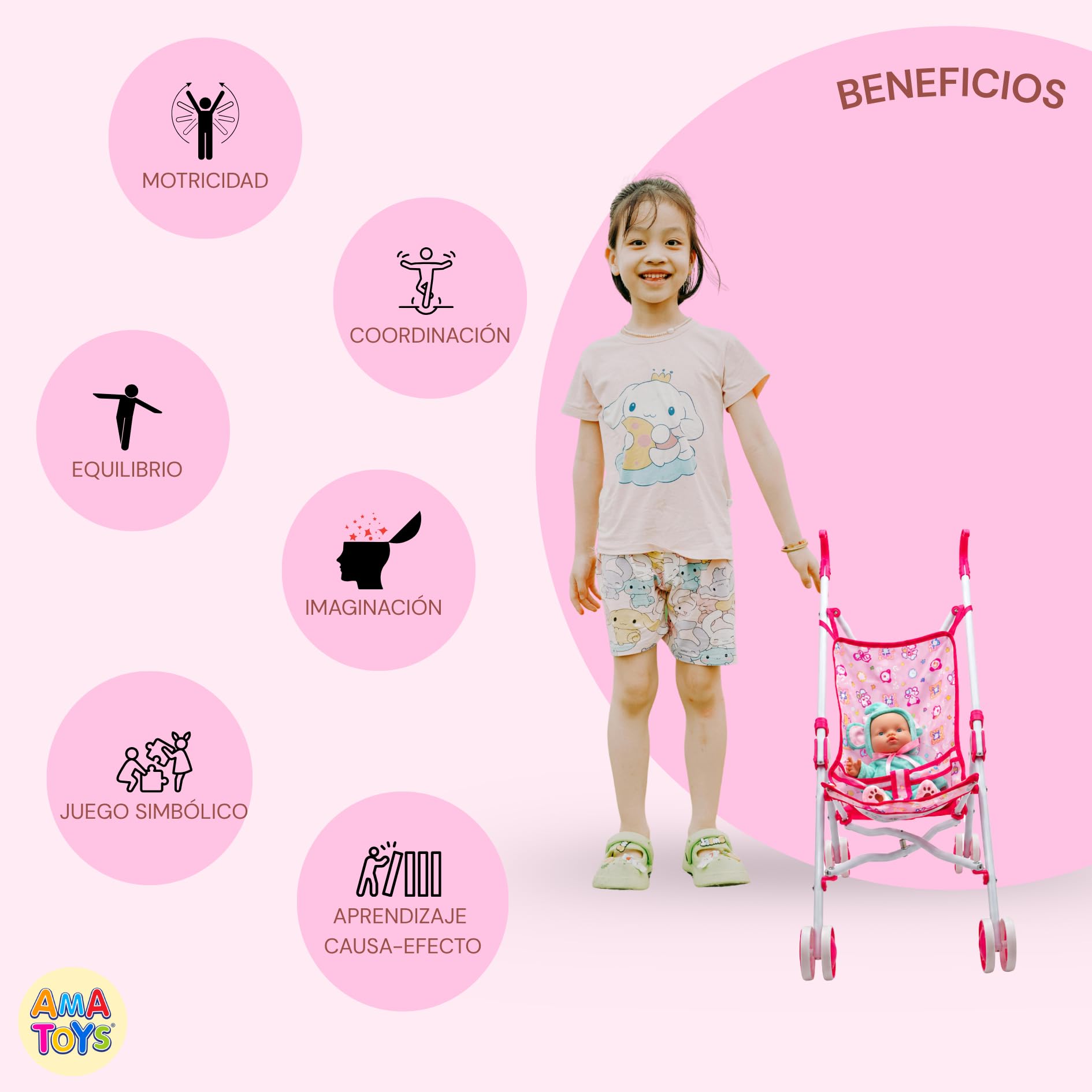 Sillita de Paseo para Muñecas - AMATOYS - Carrito Juguete Plegable - Pack 2 en 1 con Bebé Muñeco - Juego de Imitación y Paseo para Niñas y Niños (Carrito Pink_Bebe Color)