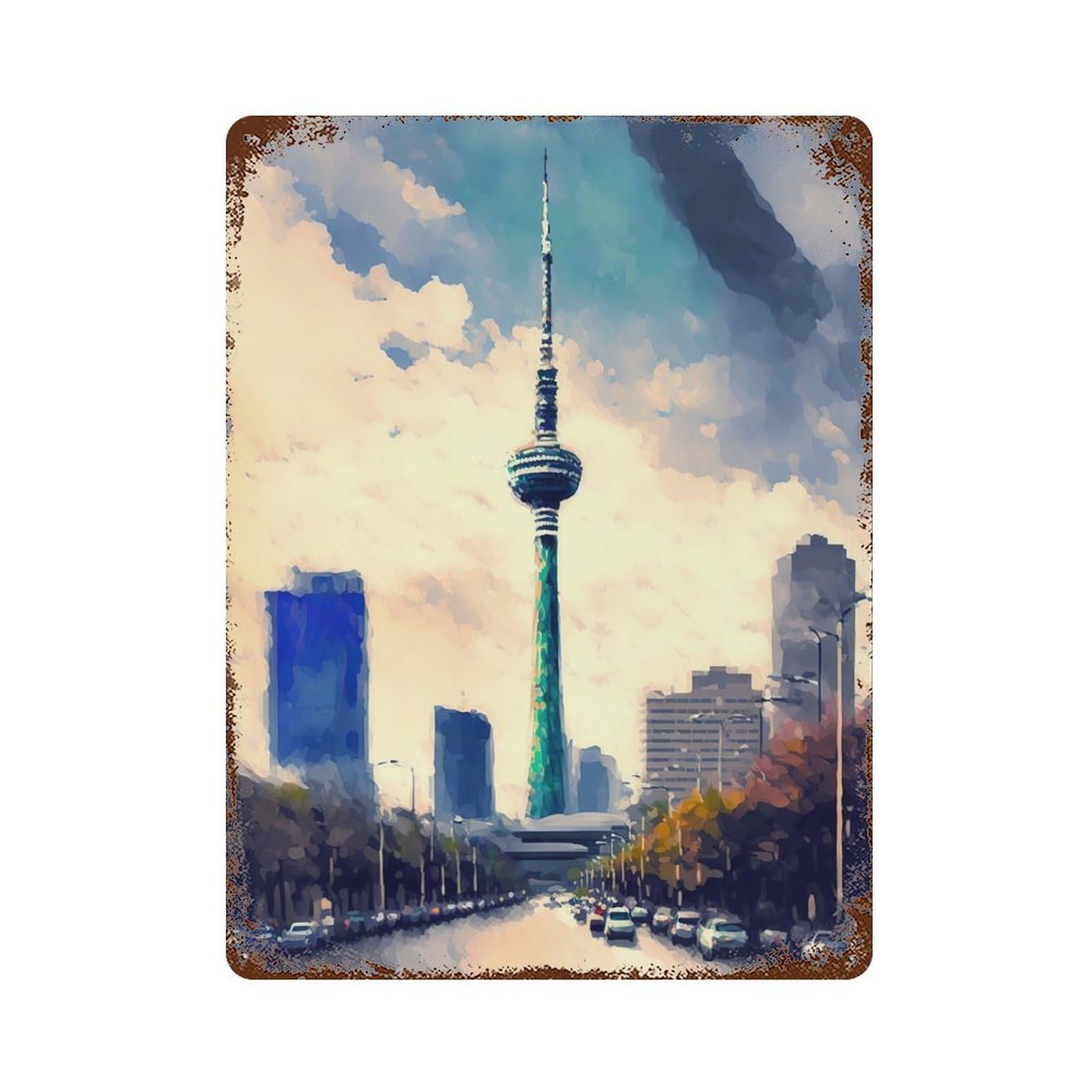 Tokyo City Watercolor Rustic Tin Plaque 15.7"x11.8", Ideal for Cafe, Home Bar And Lounge Decor