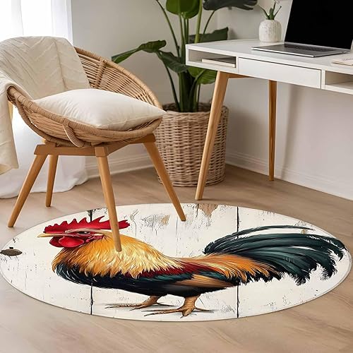 Miniatura 5 de 3.3ft Round Rug, Retro Rooster Non-Skid Rubber Backing Large Area Rugs - Living Room Bedroom Home Office, Watercolor Animals Farmhouse Indoor Floor