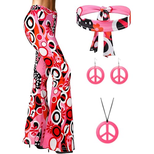 70s 80s Women Hippie Costume Set, Bell Bottom Flared Pant for Halloween Cosplay