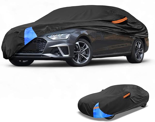 Couverture universelle de voiture tout-temps imperméable avec fermeture éclair côté droit, 210D-PU Noir Bleu Convient pour Sedan 177" à 185" Longueur