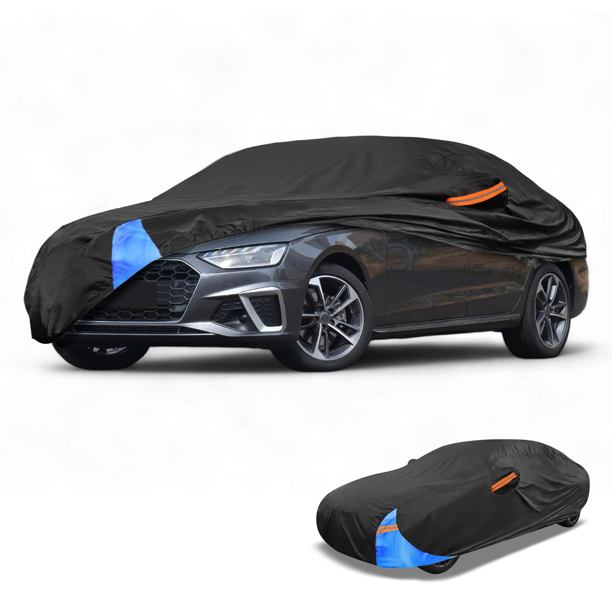 Waterproof All-Weather Universal Car Cover with Right Side Zipper, 190T Polyeste Black Blue Fits for Sedan 177" to 185" Length