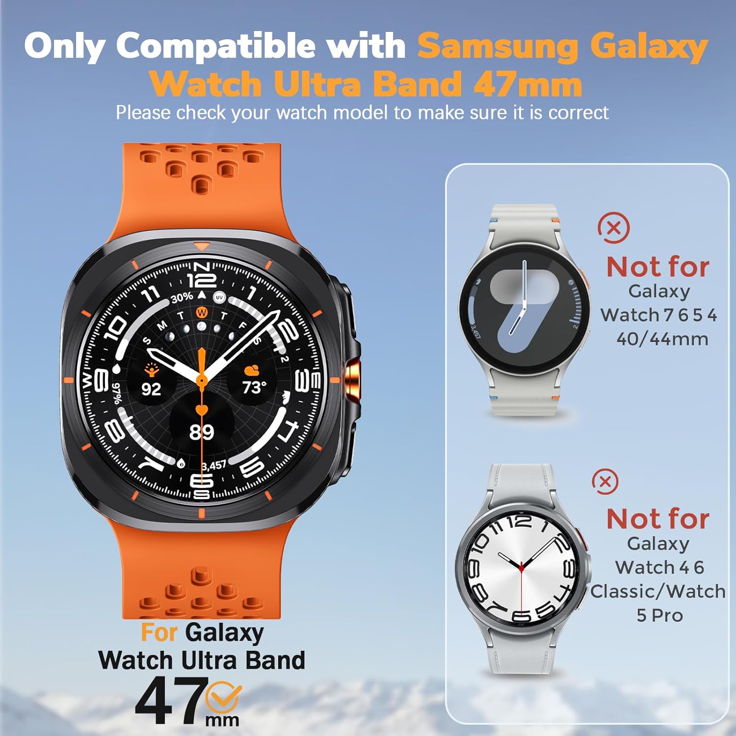ANCOOL Compatible with Samsung Galaxy Watch Ultra Band 47mm, Silicone Magnetic Breathable Band for Samsung Galaxy Watch Ultra Bands Men Women, Black+Orange+Fluorescent yellow - Image 2