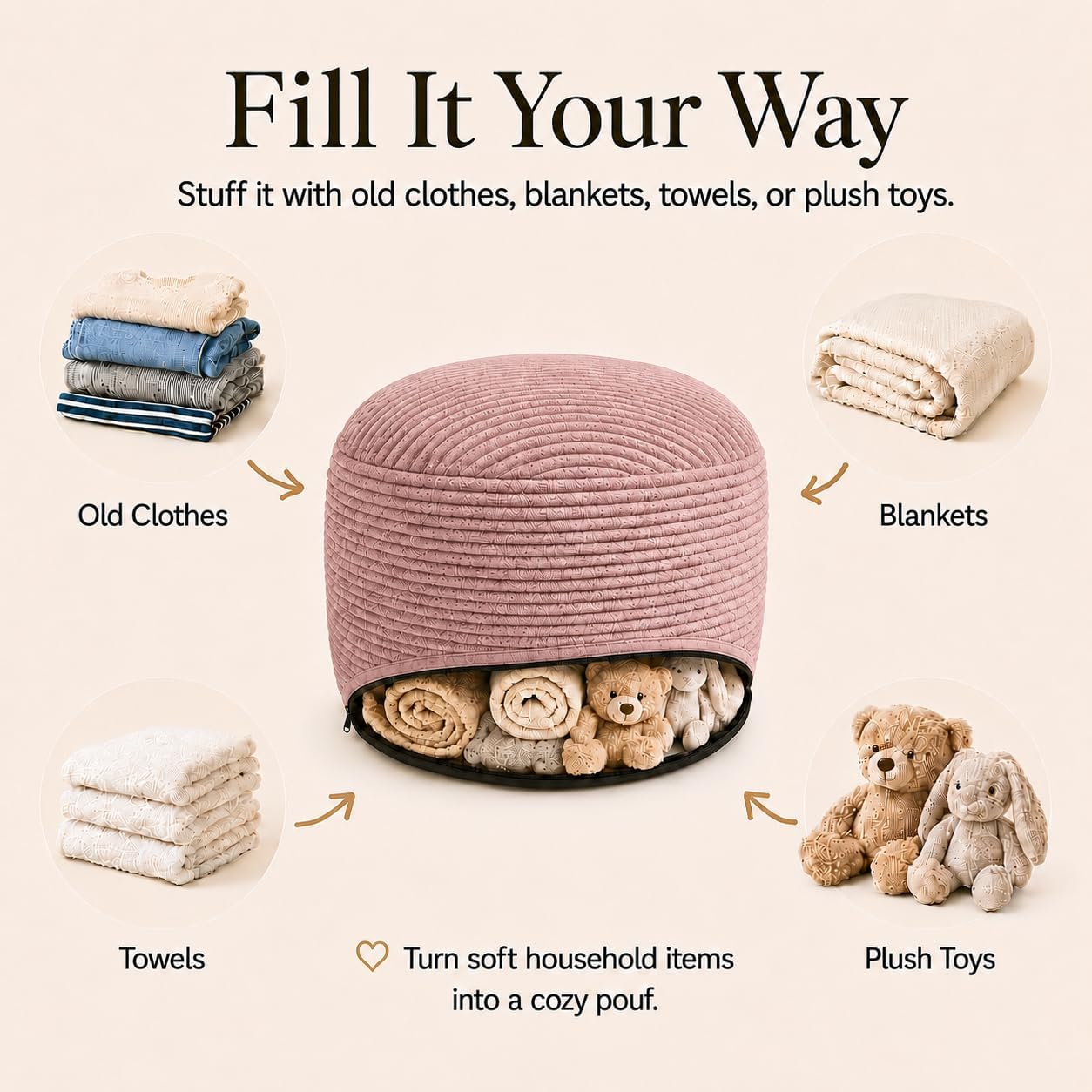 Storage Pouf Cover, No Filler, Corduroy, Dusty Rose, 20 Inch image 4
