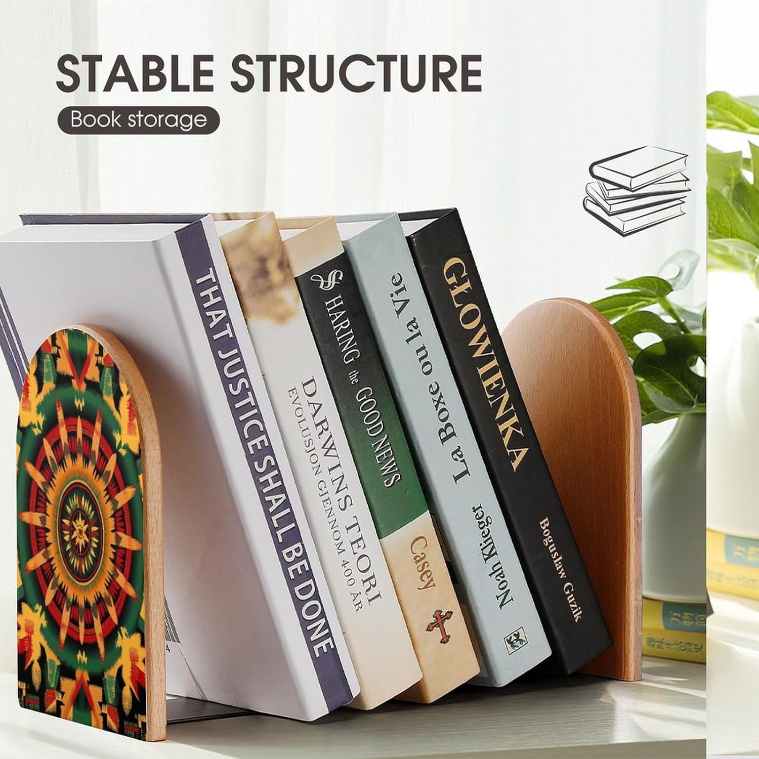 Traditional Aztec and Native Pattern Cute Wood Book Ends Decorative Bookends 1 Pair Non-Skid for Shelves Home Office 7 X 5 Inch