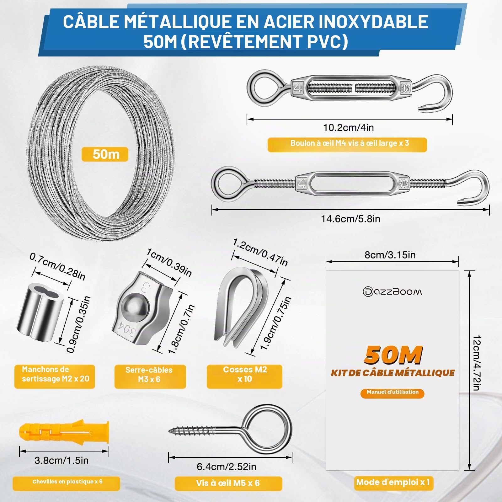 Kit de câble métallique de 50m/2mm,304 Cable Acier Inoxydable de PVC,Suspension de Guirlandes lumineuses en Extérieur,Treillis Plante Grimpante,Corde à Linge,Clôture,Cable Suspendre Kit