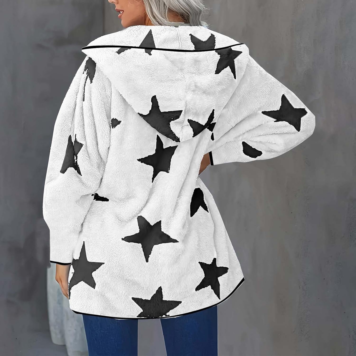 Women Fuzzy Fleece Jacket Warm Sherpa Cardigan Open Front Fleece Coat Star Printed Hooded Casual Outwear Coat