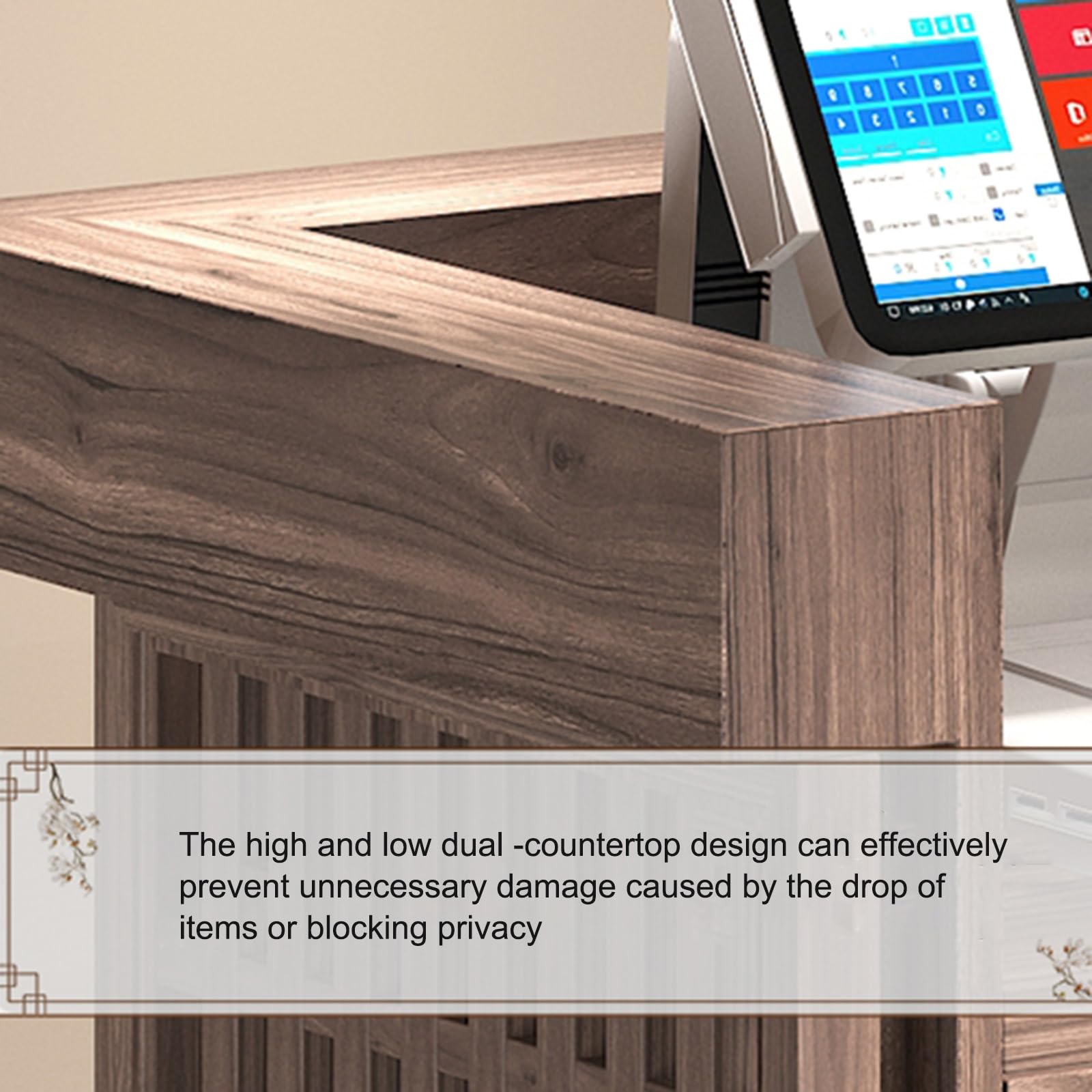 Bancone reception con cassetto chiudibile a chiave, bancone front-end moderno, bancone per negozi, bancone reception con armadietto portaoggetti, per sala reception, hall, salone di bellezza, negozi