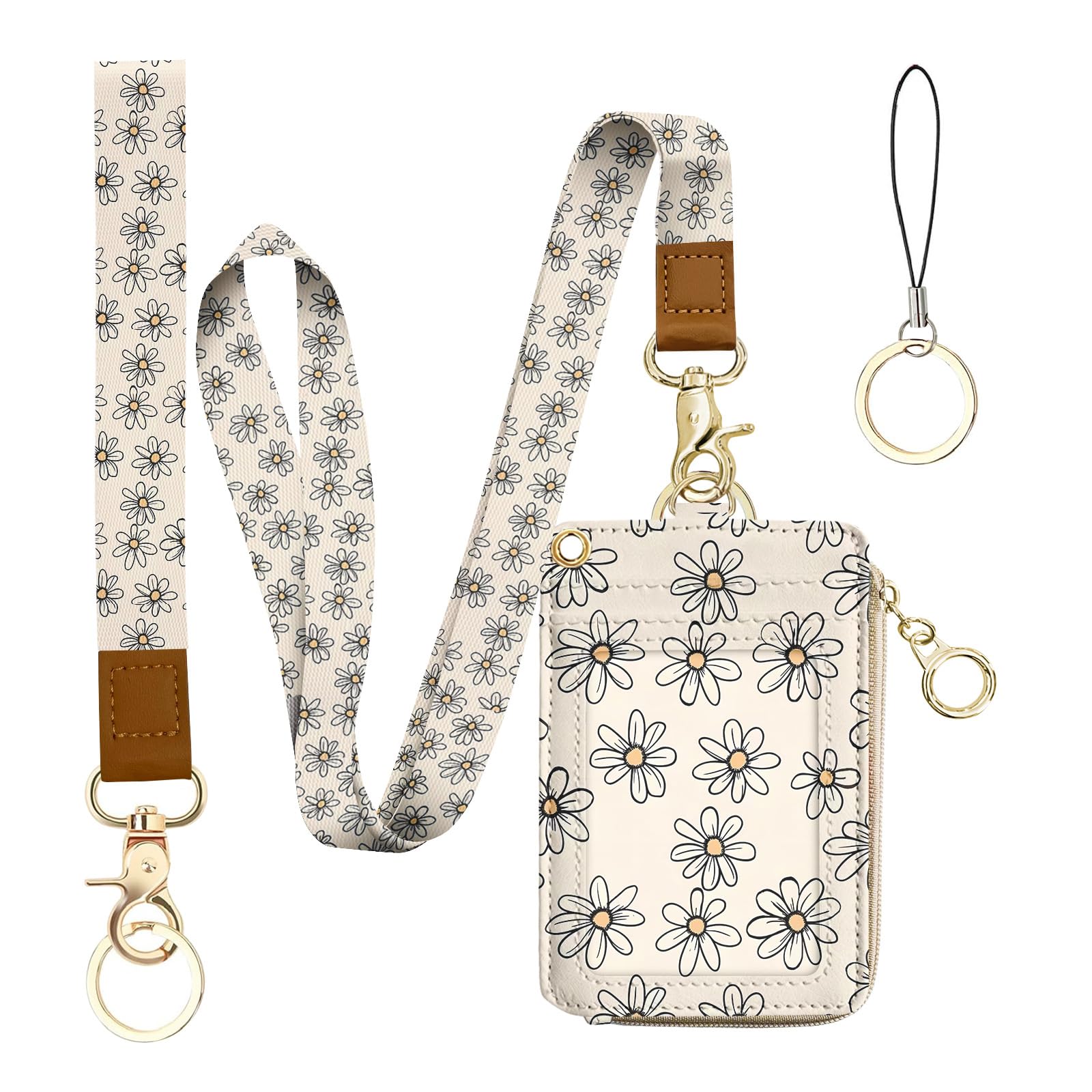 Bolimoss Daisy Lanyard for ID Badges Keys, 2-in-1, Cute Floral Pattern, ID Badge Holder, Wallet, PU Leather, Card, Name Tag, Protection