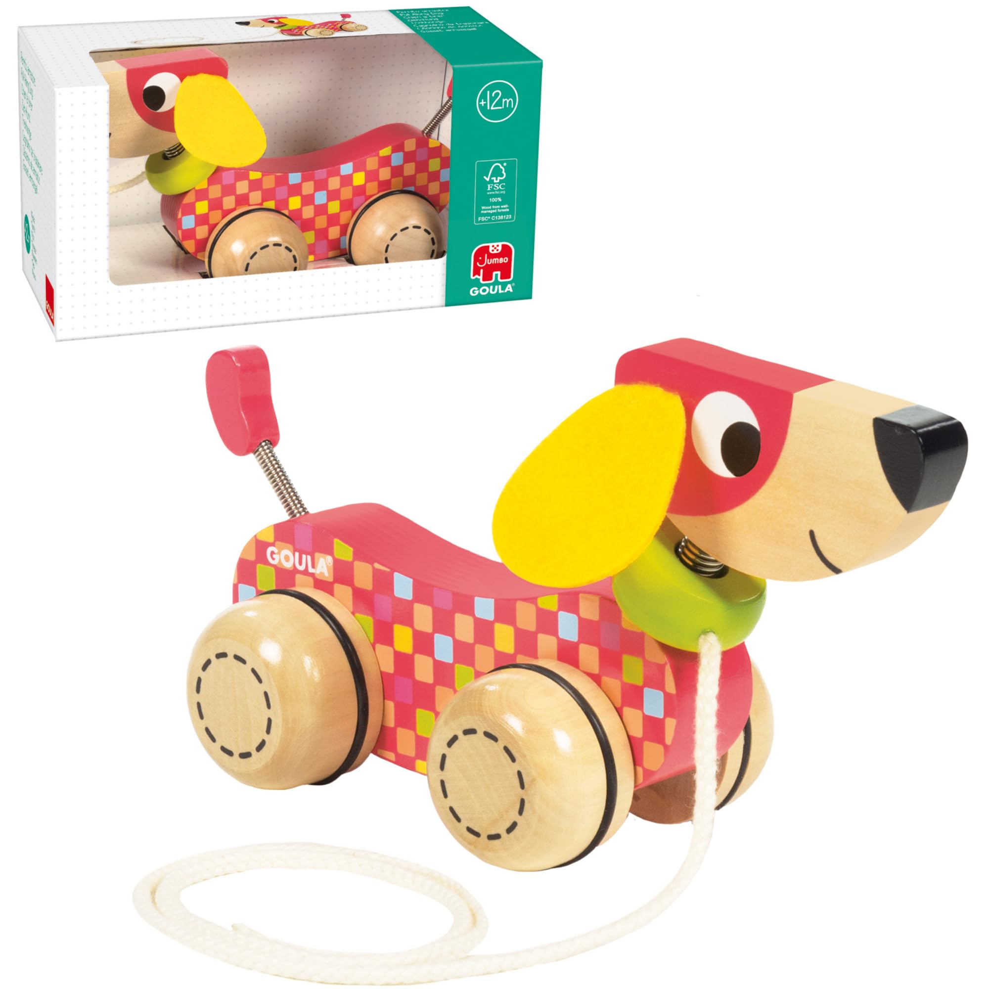 Goula Pull Along Dog, Cute Cause & Effect Pull Along Wooden Toy for Young Children