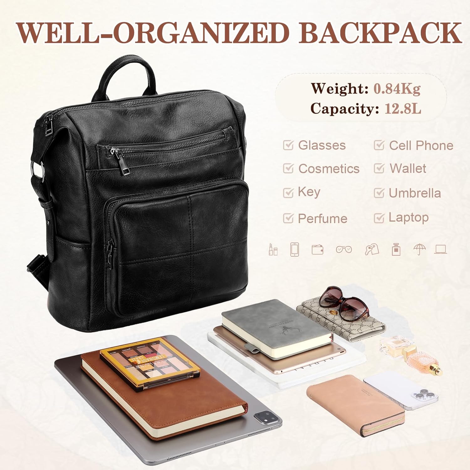 VASCHY Backpack Purse for Women,Vegan Fashion Leather Medium Convertible Ladies Backpack Shoulder Bag for Travel/Work/Diaper Black - Image 5