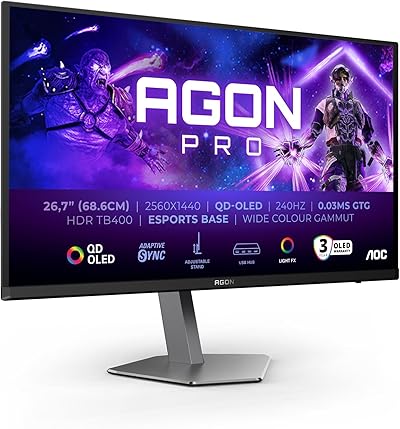 AOC Agon PRO AG276QZD Monitor da gioco OLED QHD da 2-27 pollici, 240 Hz, 0.03 ms GtG, FreeSync Premium Pro, G-Sync comp., HDR400 2560x1440, 2X HDMI 2.0, DisplayPort, USB Hub nero