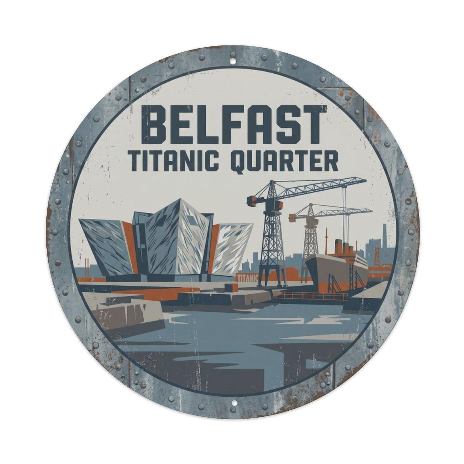 Belfast Titanic Quarter Classic Cartography Travel Cityscape Metal Tin Sign Plaque Wall Decor for Cafe, Man Cave, Club Bar, Office, Home Garden Round Metal Poster 8x8Inch