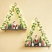 Fixwal Artificial Ivy LED Floating Shelves Set of 2 - Macrame Boho Hanging Plant Wall Decor, Rustic Wood Storage for Bedroom Living Room (Dark Brown)