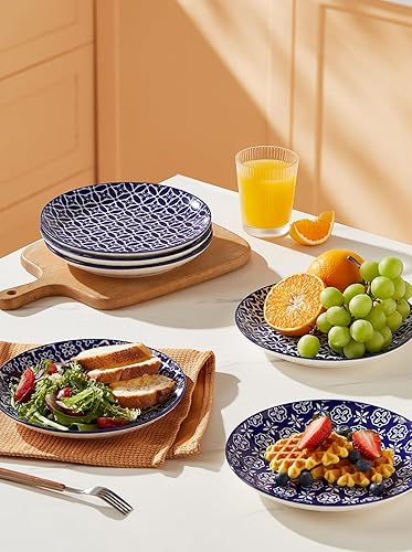 Miniatura 4 de Platos de ensalada, platos de postre azules y blancos, juego de platos de cerámica coloridos de 8 pulgadas para pasta, juego de 6, aptos para