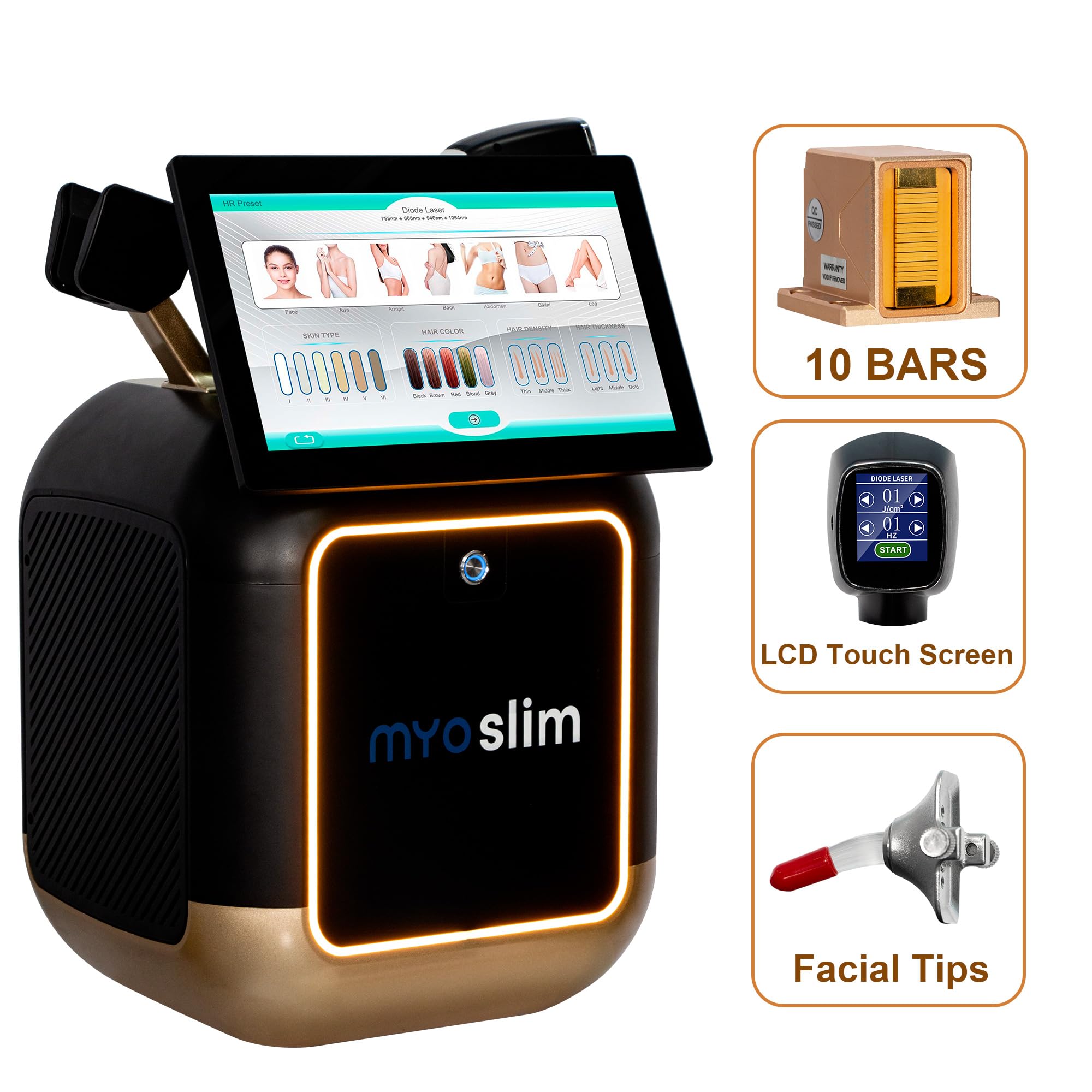 10 barre Apparecchio laser a diodi per la rimozione dei peli 755/808/940/1064 nm | Epilazione indolore adatta a tutto il corpo per uso domestico o professionale Nero e oro
