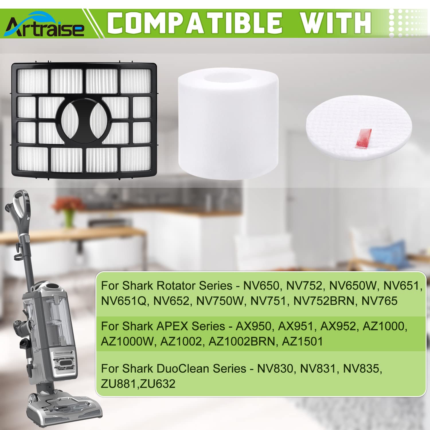 Filter Replacement for Shark Rotator APEX DuoClean Powered Lift Away Vacuum AZ1002 NV650 NV651 NV652 NV750 NV750W NV751 NV752 AX950 AX951 AX952 ZU881, 4 Foam and 2 HEPA Filters, Parts XFF650 & XHF650