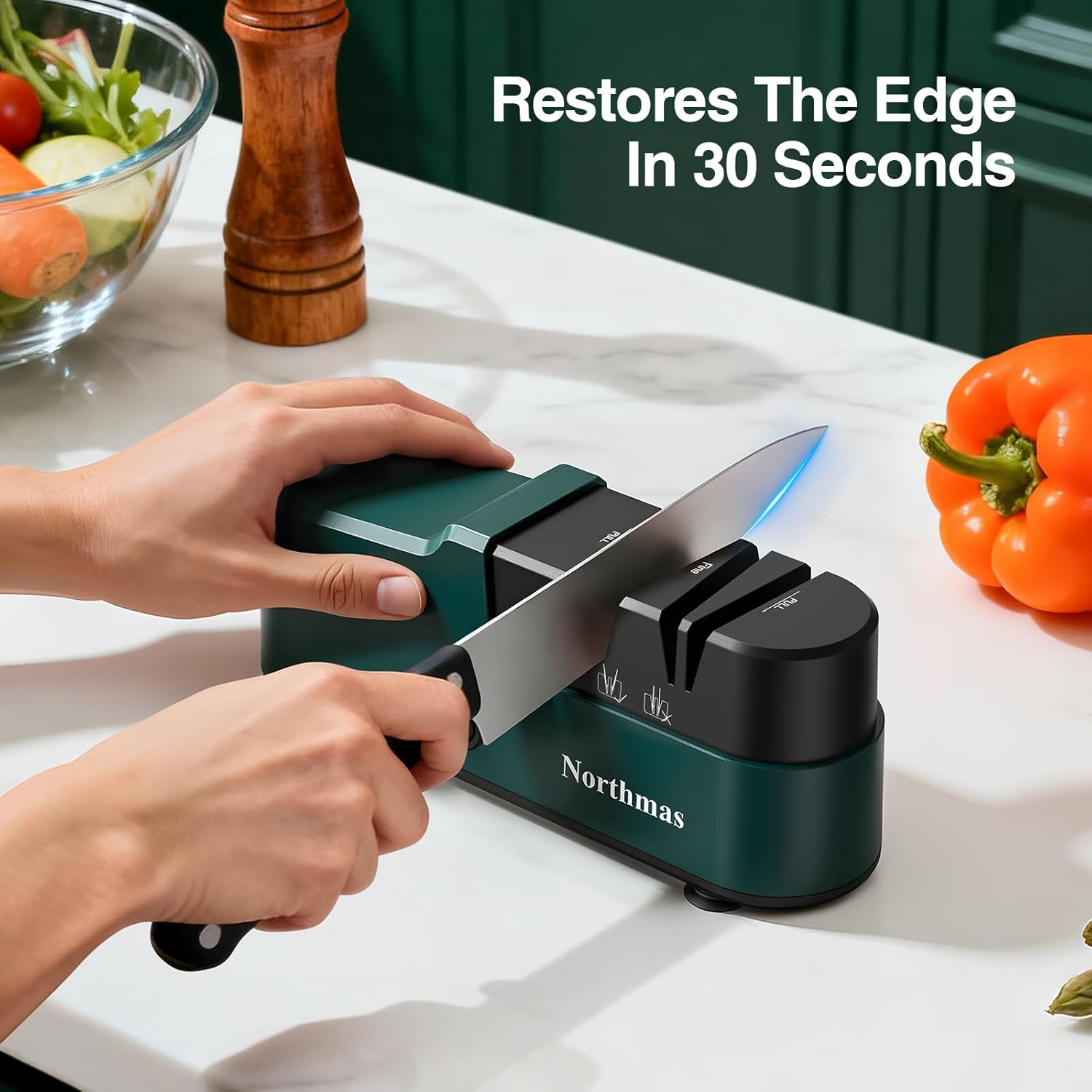 A person using the electric knife sharpener to sharpen a kitchen knife