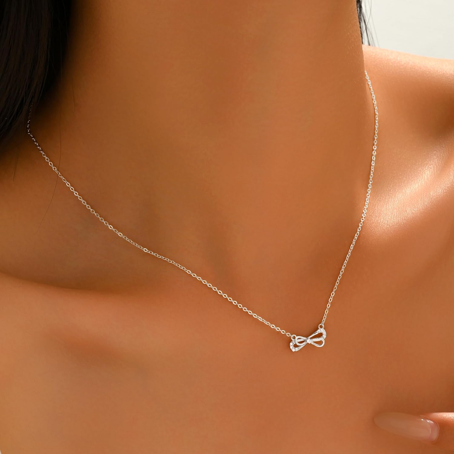 Bow Necklace for Women, 925 Sterling Silver Cubic Zirconia Bowknot Pendant Choker Necklaces to Daughter Mother, 14k Gold Plated Infinite Knot Charm Necklaces for Her Birthday Mother's Day Jewelry Gift - Image 3