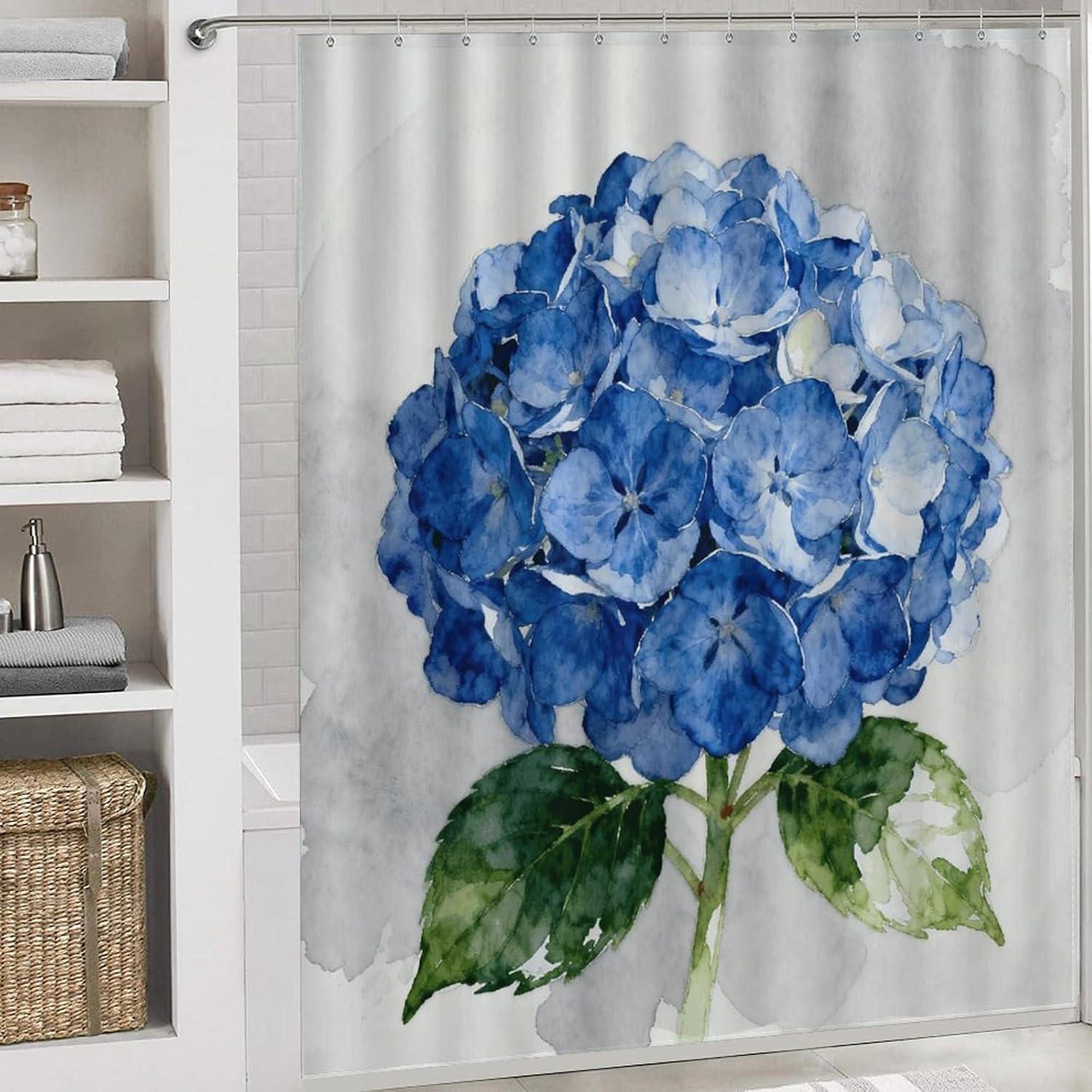 Blue Hydrangea Bathroom Rugs Sets 4 Piece | Shower curtain sets, non-slip absorbent soft flannel bath mat, u-shaped toilet mat & lid cover, bathroom decor accessories