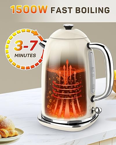 Miniatura 4 de Harriet Hervidor eléctrico, 1.8L Retro Hervidor de té eléctrico con termómetro, hervidor de agua caliente de acero inoxidable de 1500 W con Beige