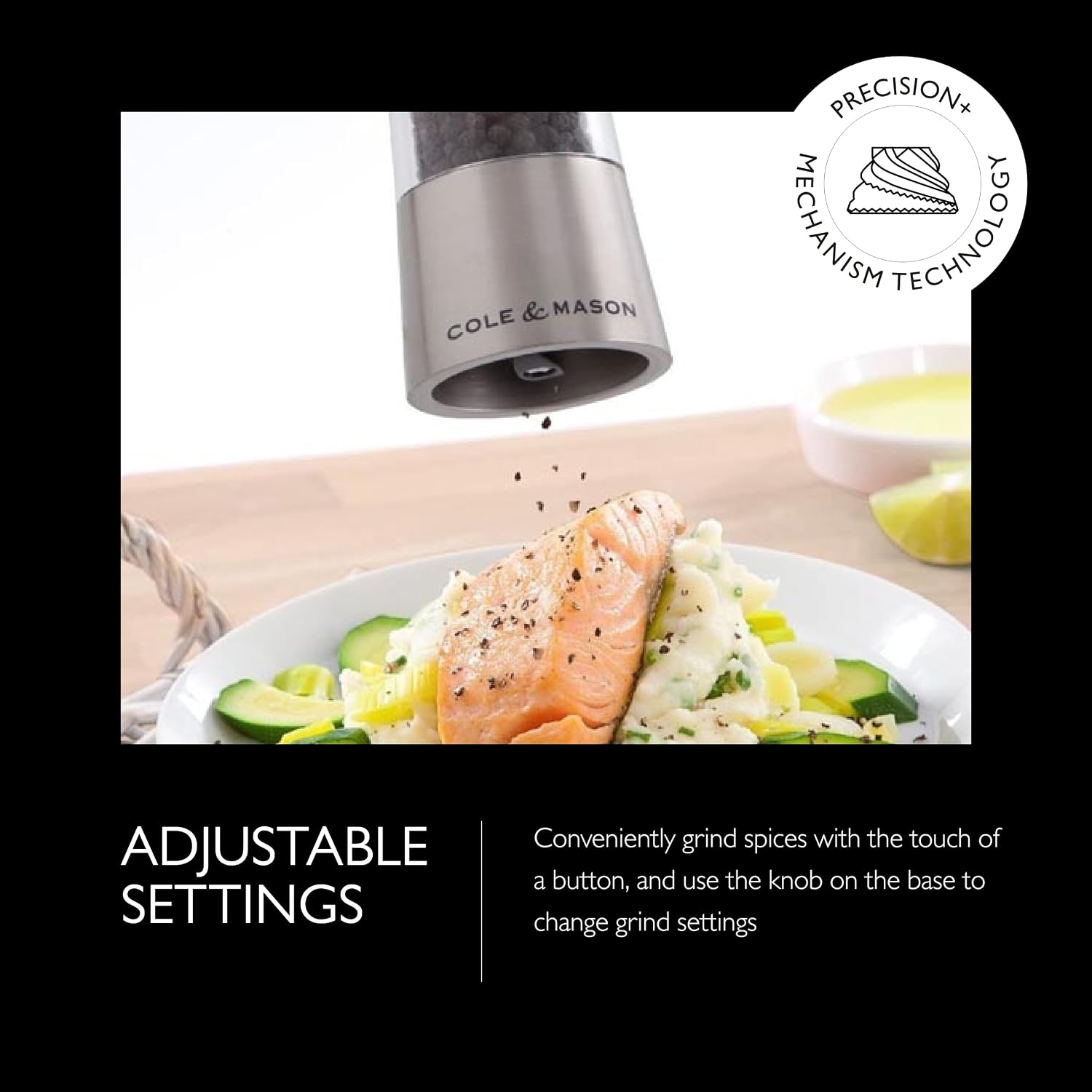 COLE & MASON Hampstead Electric Pepper Grinder with LED Light - Electronic Battery Operated Peppercorn Mill, Stainless Steel