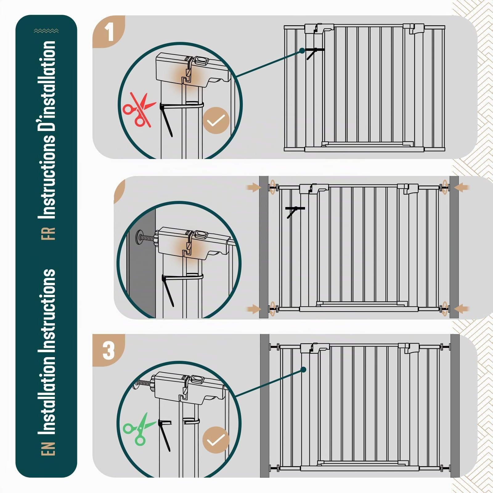 VOUNOT® Cancelletto di Sicurezza per Bambini in Metallo 103-110 cm, Barriera per Scale a Pressione Senza Foratura Altezza 76 cm, Chiusura Automatica con Doppio Blocco, Apertura Bidirezionale, Bianco