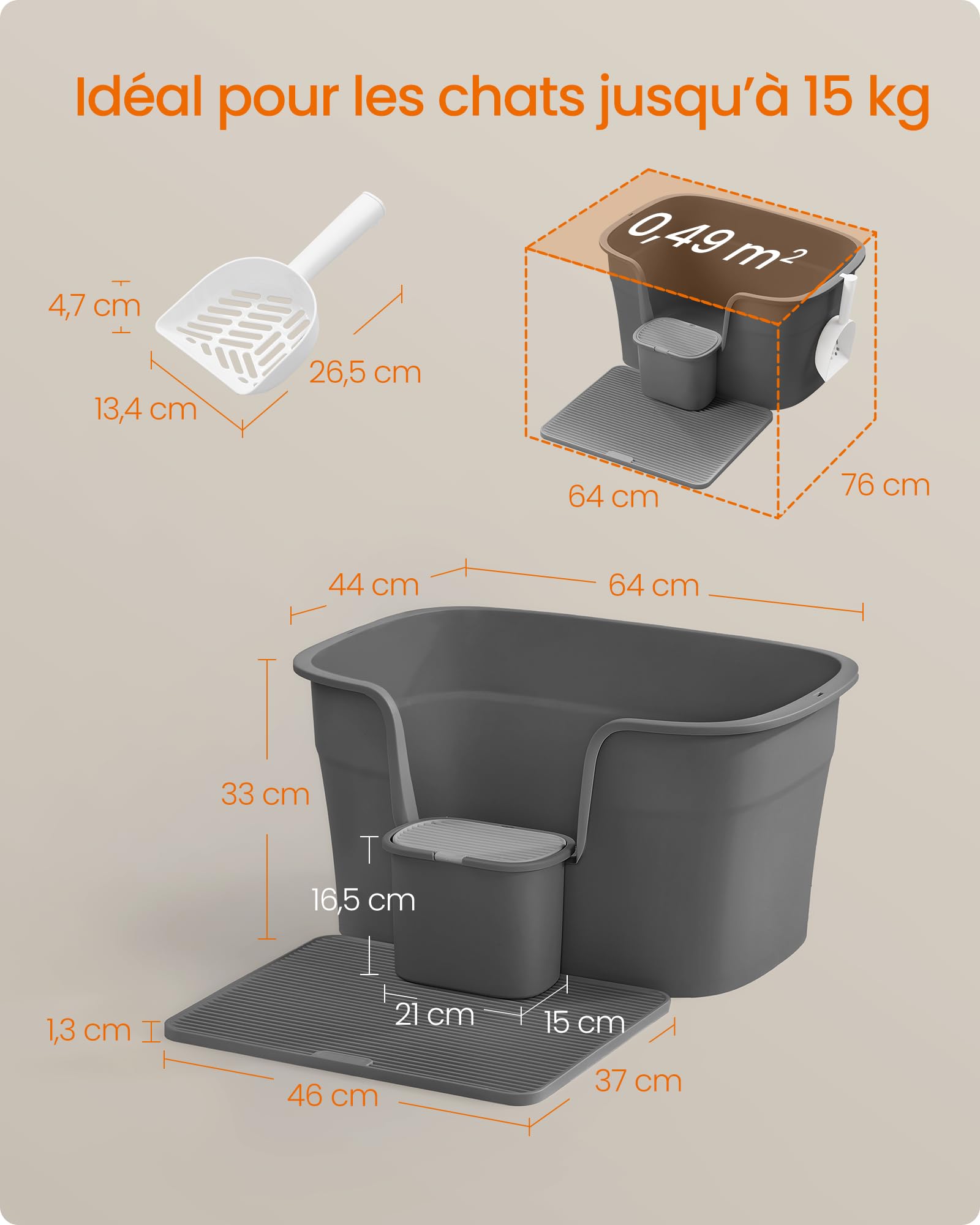 Feandrea Bac à Litière pour Foyers Multi-Chats, Litière Extra Large avec Paroi Latérale, avec Un Tapis de Litière, Boîte de Rangement, Pelle, pour Grand Chat, Gris Ardoise PPT003G02