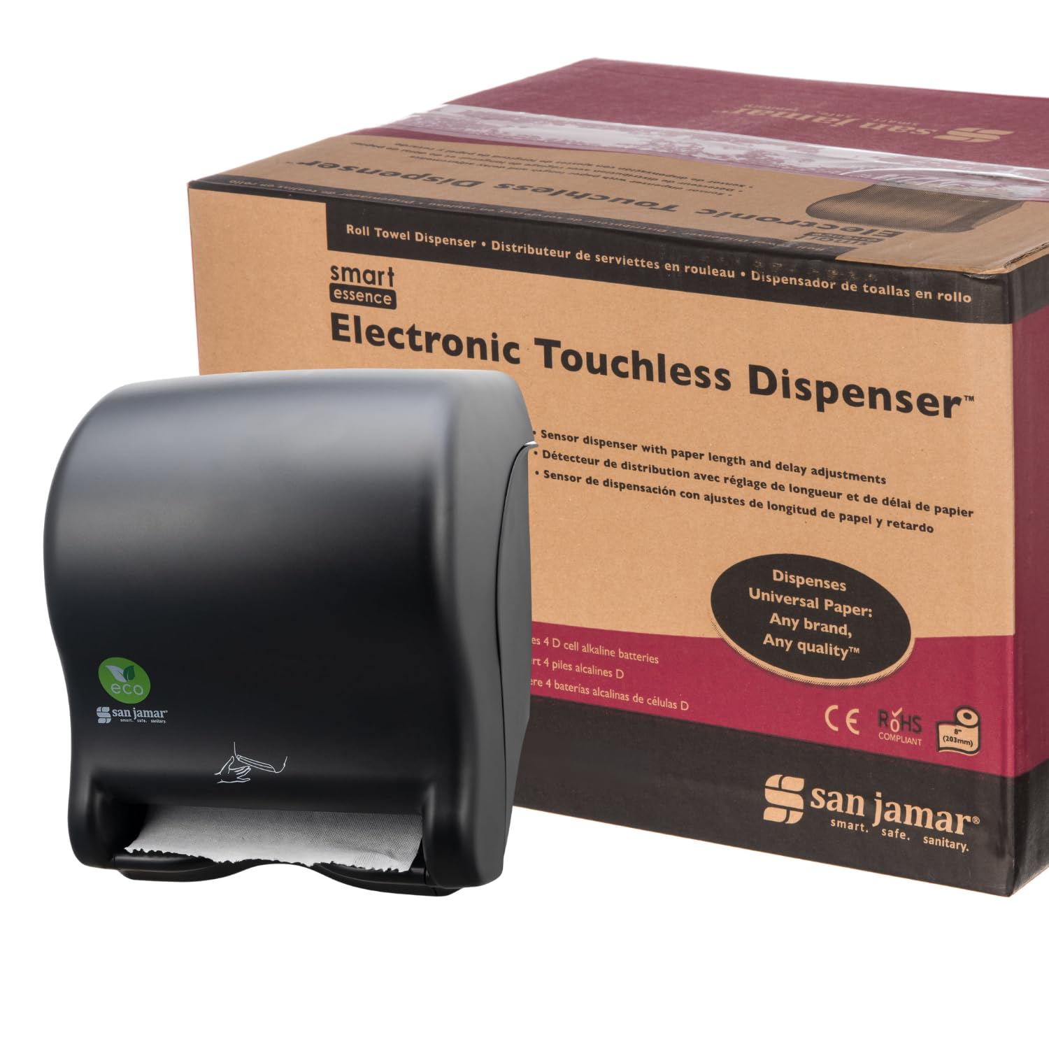 San Jamar Ecologic Smart Essence Dispensador electrónico de Toallas de Papel de plástico Reciclado, Capacidad Universal de Rollo, dispensador montado en la Pared para el hogar y el Negocio Universal,