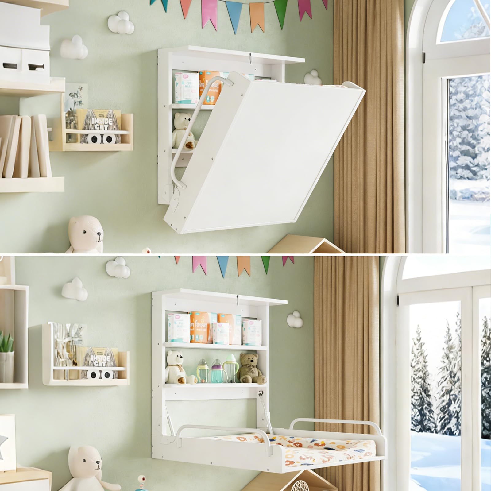 MSFE Wickelkommode Wickeltisch Klappbar, Baby Changing Table Wandwickeltisch mit 3 Regalfächern, Holz weiß
