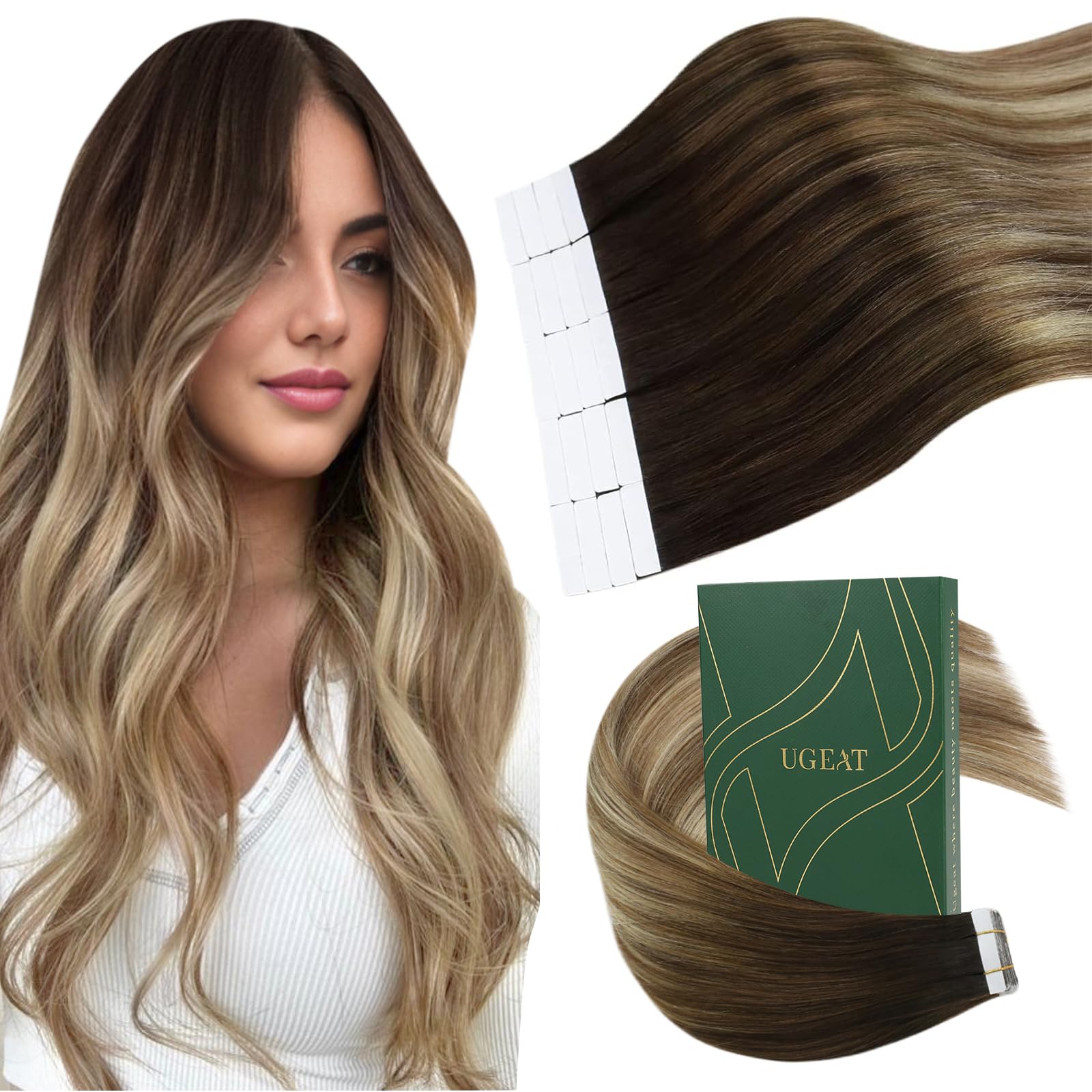 Ugeat Balayage Hair Extensions Tape in Human Hair Dark Brown Roots 12 Inch Tape Hair Extensions Real Human Hair Ombre Brown Blonde 30G 20Pcs Natural #4/6/613