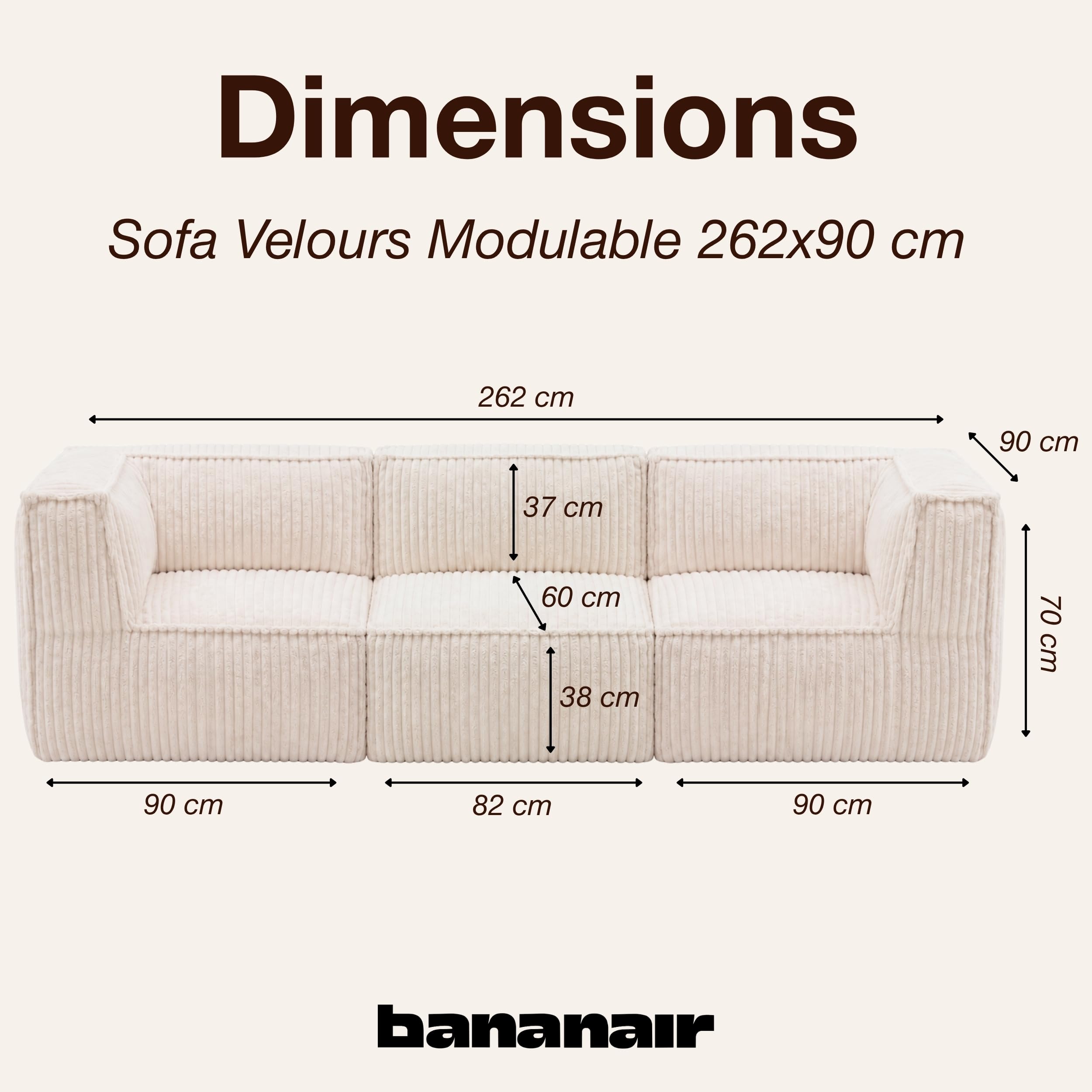 bananair-Canapé Modulable 3 Places avec Accoudoirs,Déhoussable, Blanc cassé