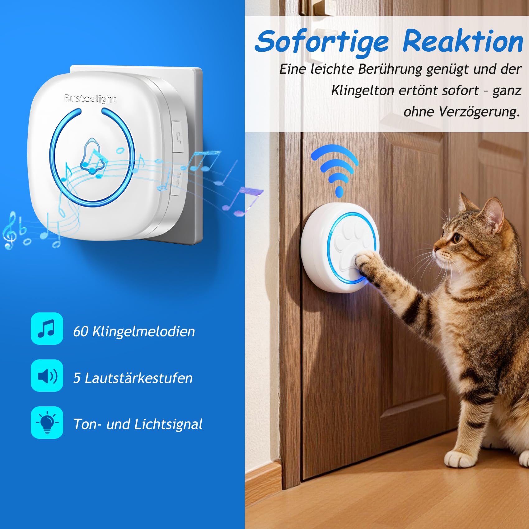 A6 Wht Katzenklingel & Hundeklingel – Kabellose Haustier-Türklingel für Außenbereich, 300 m Reichweite, 60 Melodien, LED-Signal, Wasserdicht, Buzzer Hund & Katzen (1 Klingeltaster + 1 Empfänger)