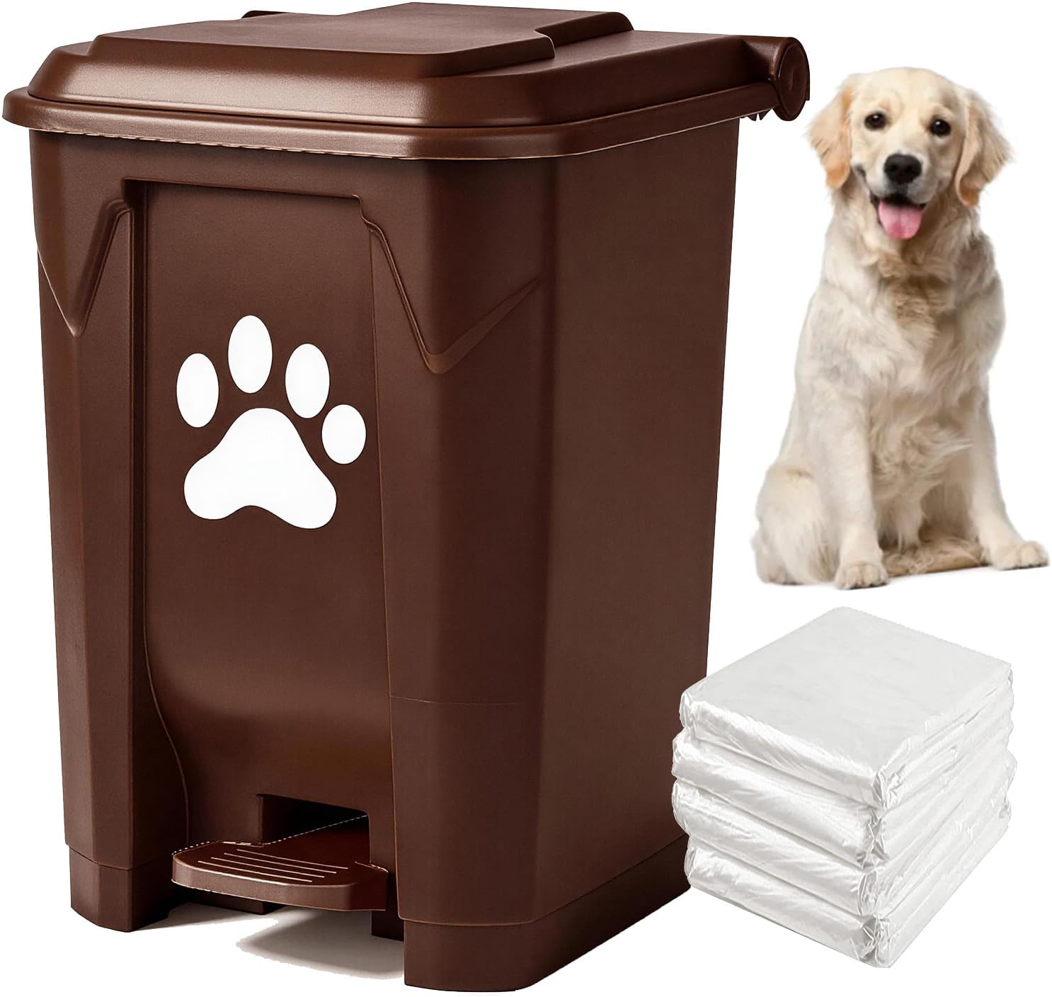 tebiete Dog Poop Trash Can Outdoors Pet Waste Station with Lid Dog Waste Disposal Container with Removable Inner Bin Bucket Hands-Free Pedal Garden Yard Home with Waste Bags, Brown