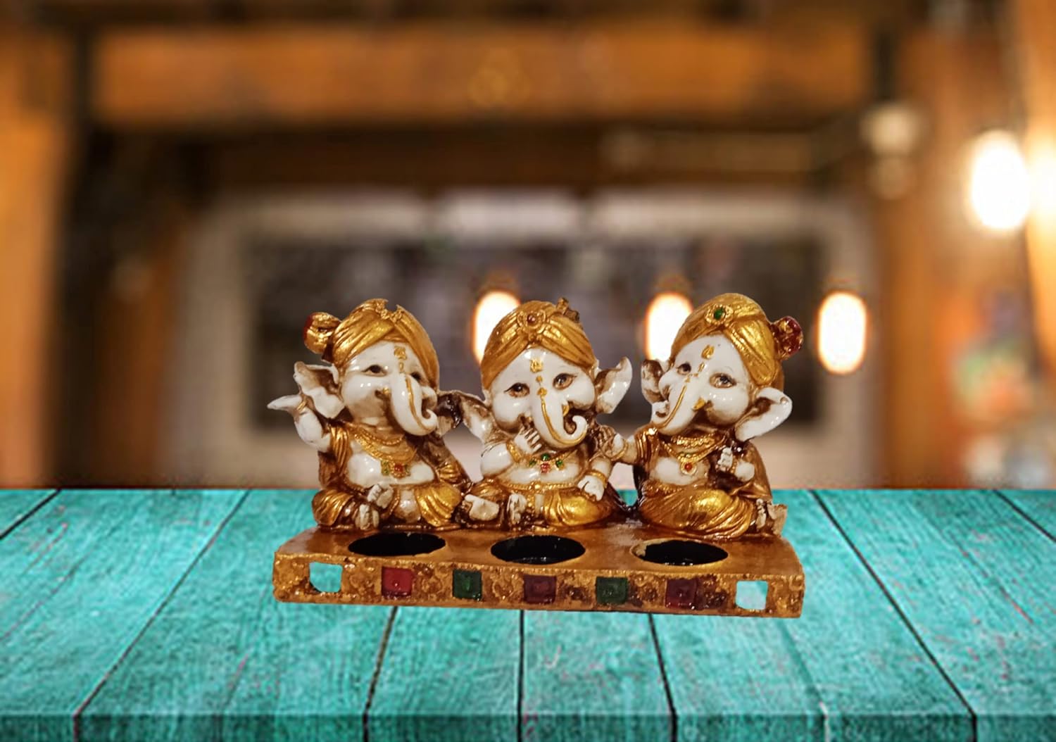 Purpledip Resin Candle Stand T-Light Holder: Three Ganesha (12371)