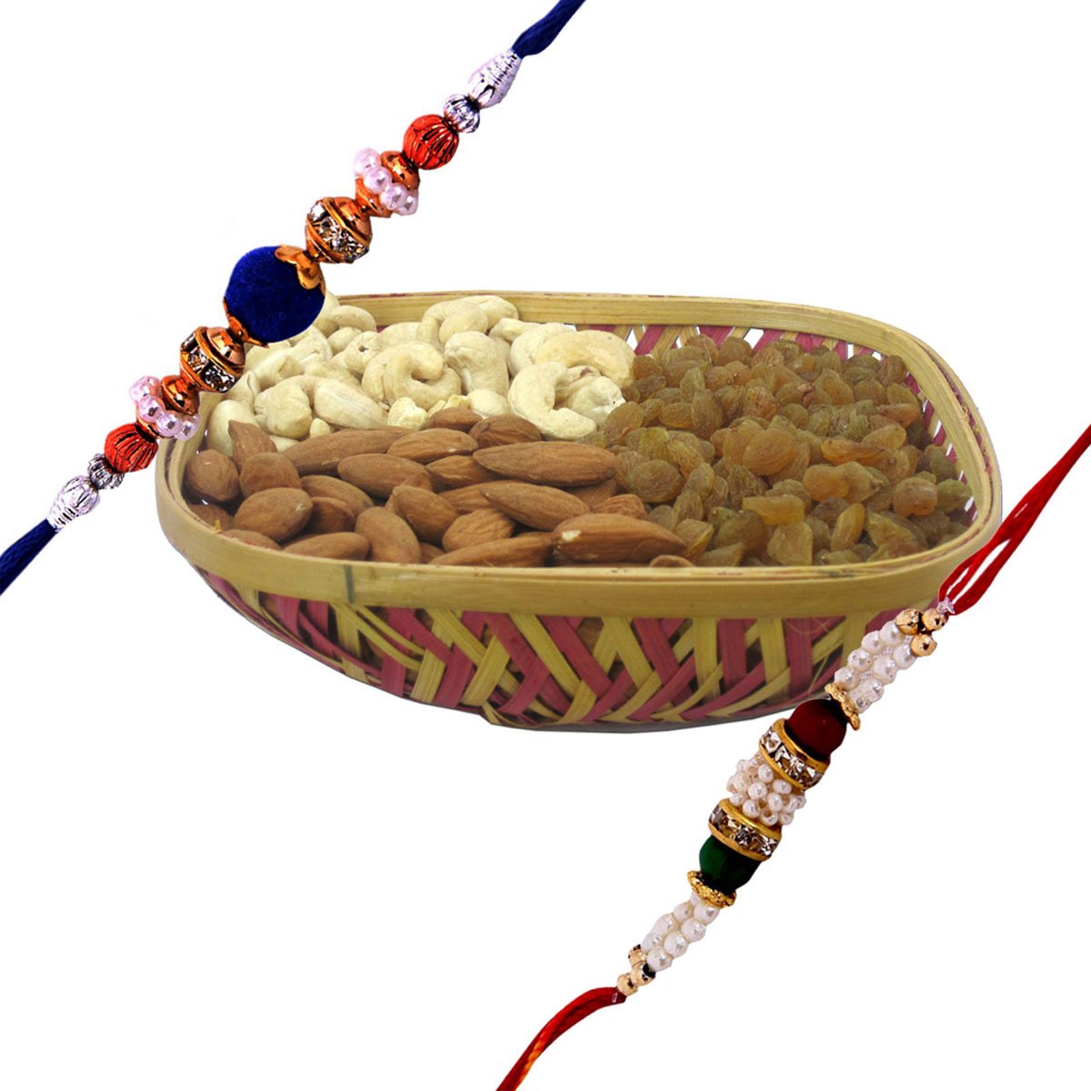 Gifts World Square Cane Assorted Dryfruit Basket with 2 Rakhi Kaju, Kishmish, Badam Premium