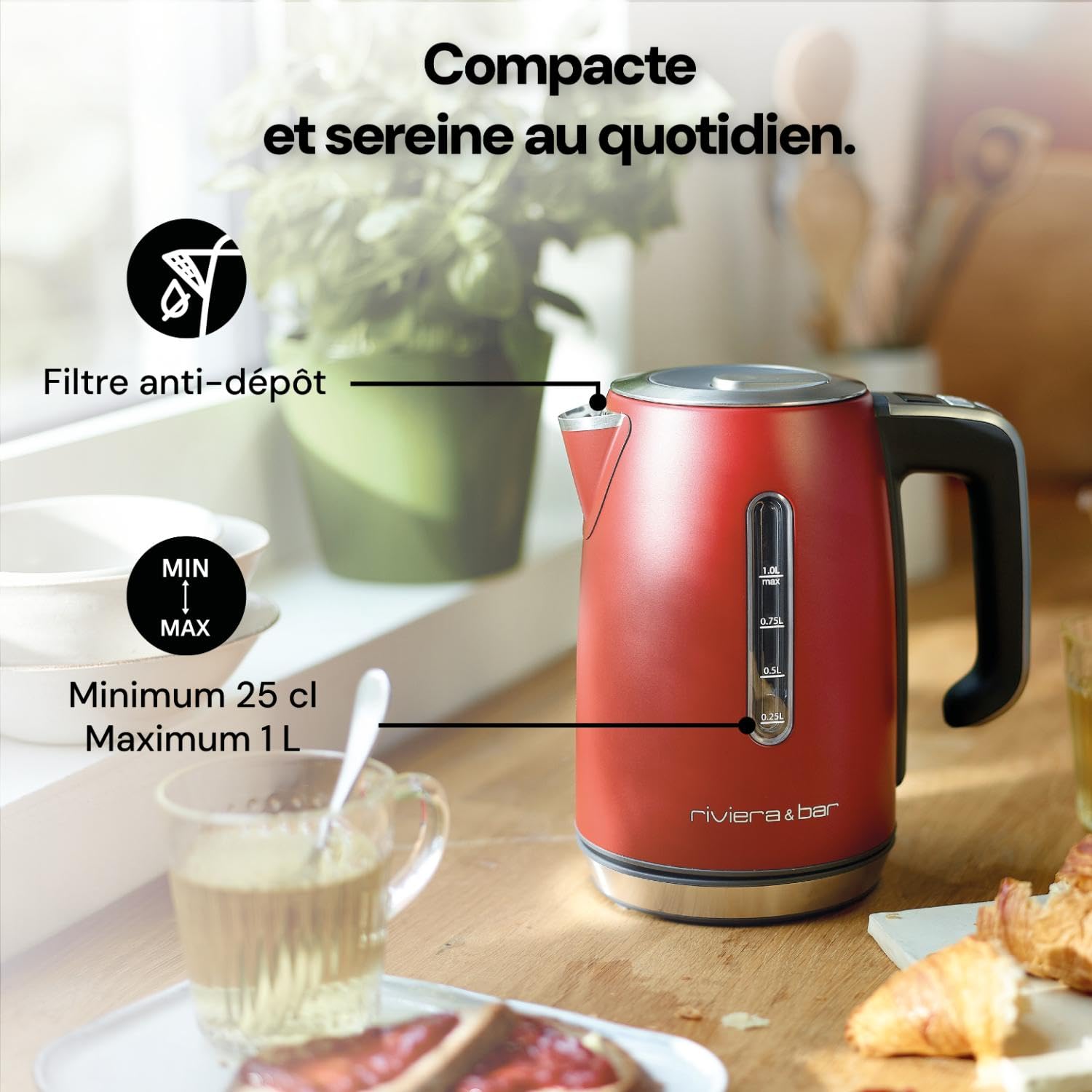riviera&bar Bouilloire Inox 1L Deep Red - Puissance 2000W - Température Réglable 13 Niveaux - Affichage Digital - Sécurité Surchauffe et Manque d'Eau - Économie d'Énergie - Socle Pivotant 360°