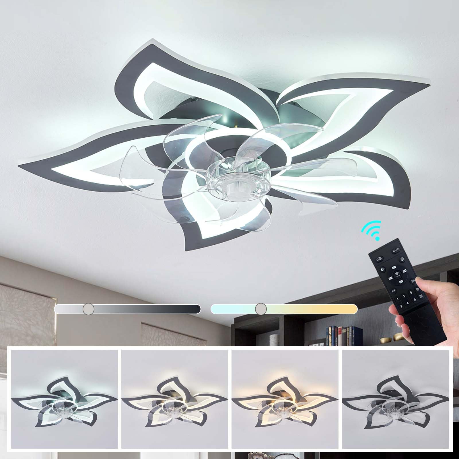 Luyaim Fiore Ventilatore da Soffitto con Luce E Telecomando Soggiorno Dimmerabile LED Lampadario Ventilatore Motore DC Reversibile 6 velocità Plafoniera con Ventilatore Design-Black