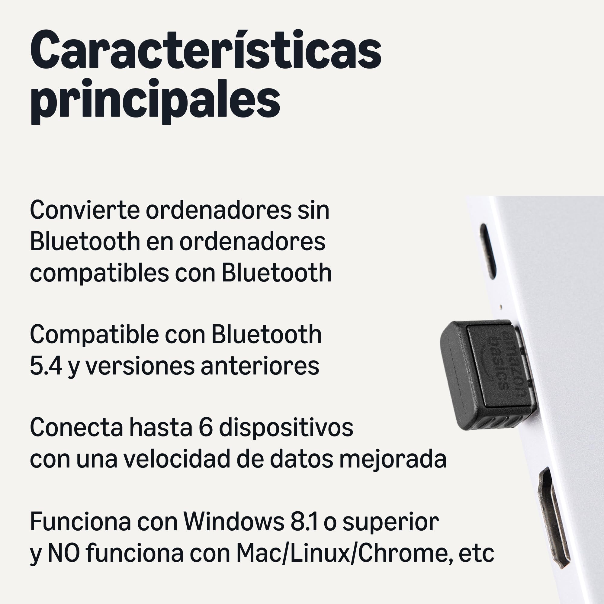 Amazon Basics Adaptador USB Bluetooth 5.4 para PC, Receptor para Ratón y Teclado, Compatible con Windows 11/10/8.1