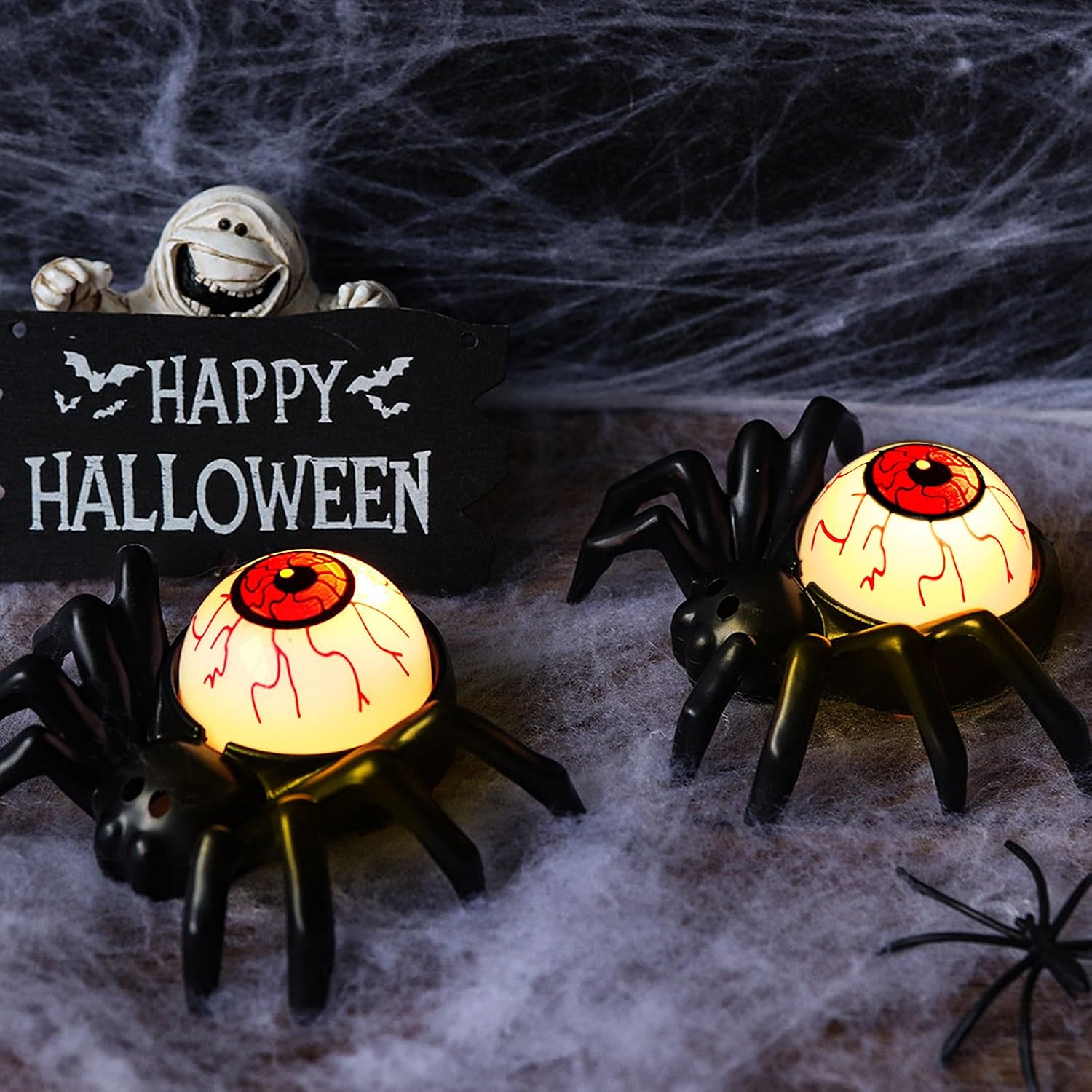 YBB 12 Pcs Halloween Spider Tea Lights, Novelty LED Flameless Spider Candle Holder Battery Operated Orange Tea Lamps for Halloween Party Table Home Spooky Decor