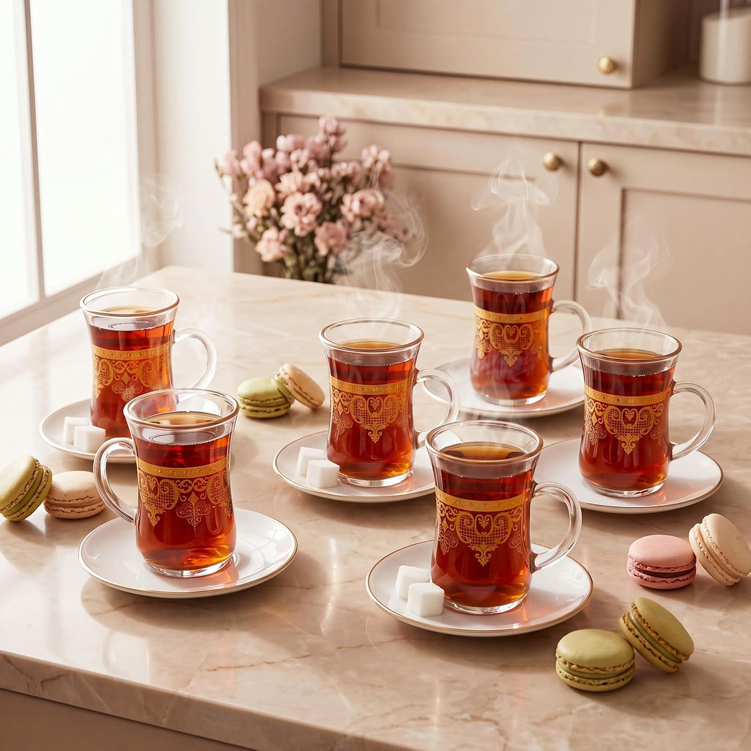 6 Pcs Turkish Tea Cups with Handles 5 Oz Slim Tulip Waist Tea Glasses Coffee Mugs Set with Thick Base for Hot Cold Drinks, Ottoman Housewarming Wedding Party Gifts (Gold Trim)