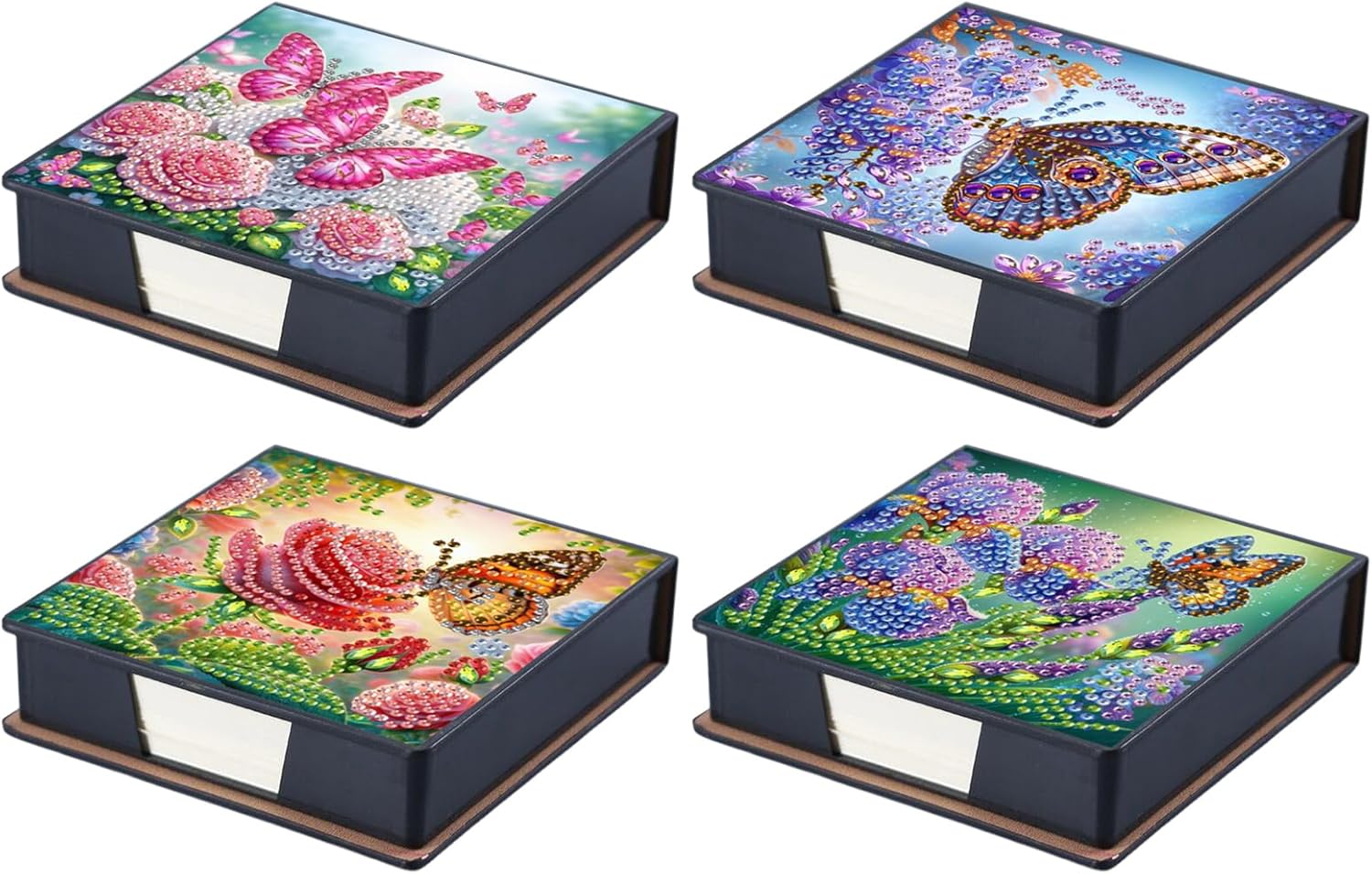 4PCS Diamond Art Painting Notecard Box- Sticky Note Box with Total 640 (160 Pages Each) Sheets of Paper, Gem Art Sticky Note Holder,Memo Pad for Office Desk(Flowers and Butterflies)